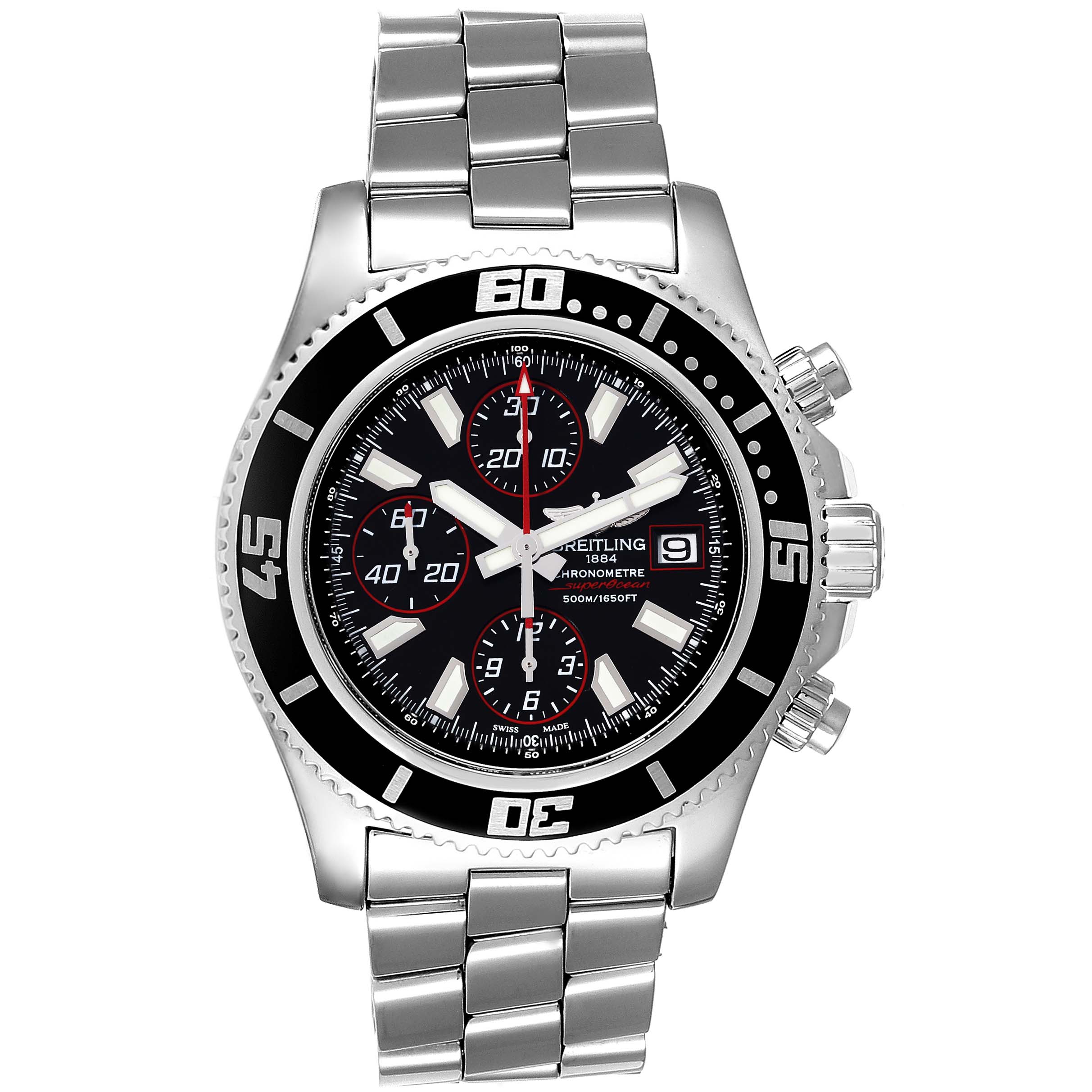 The front view of the Breitling Superocean A13341 Men's Stainless Steel Black Dial A13341 Men's Stainless Steel Black Dial watch shows its black chronograph dial, stainless steel bracelet, and rotating bezel.
