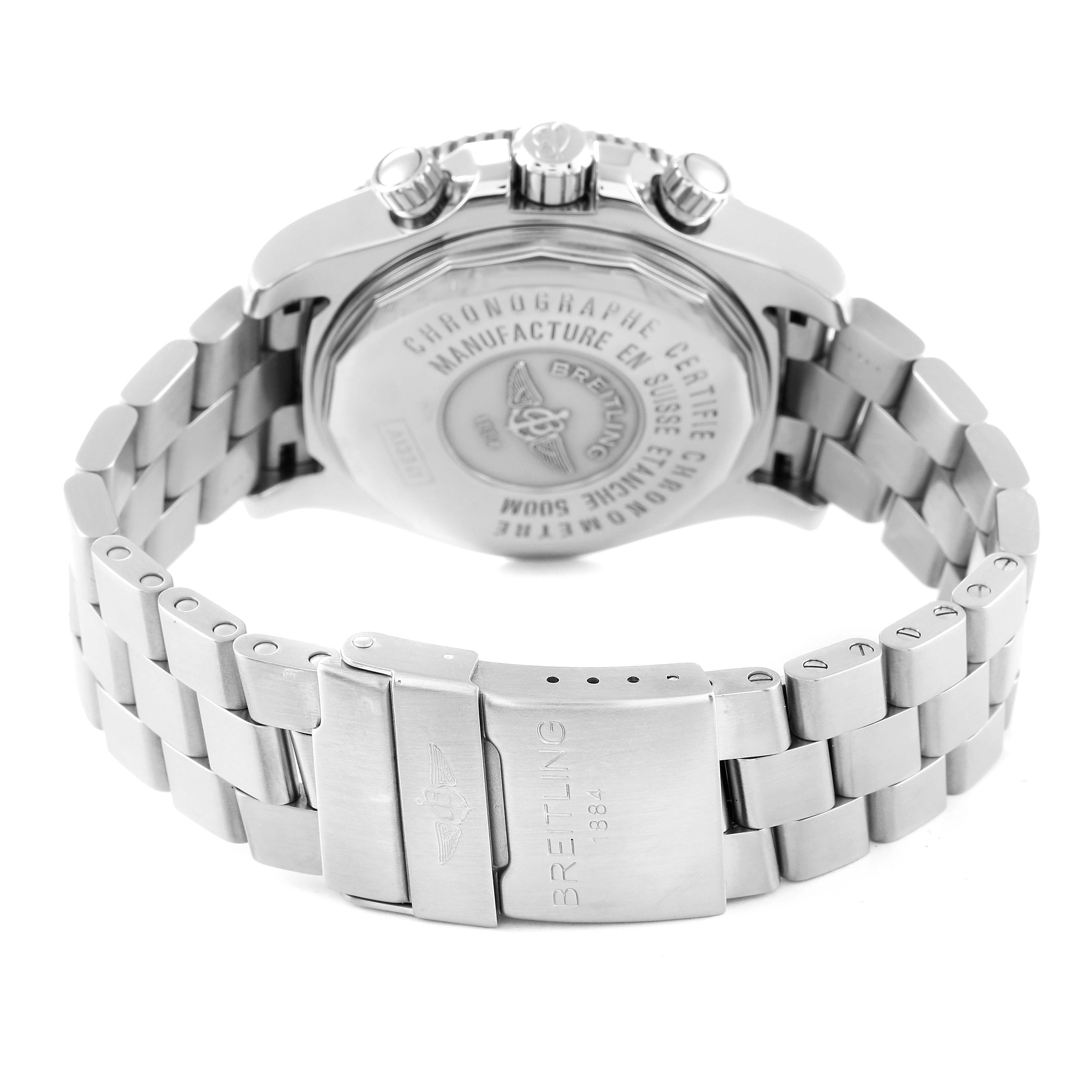 The image shows the back of a Breitling Superocean A13341 Men's Stainless Steel Black Dial A13341 Men's Stainless Steel Black Dial watch, emphasizing the case back, pushers, and bracelet clasp.