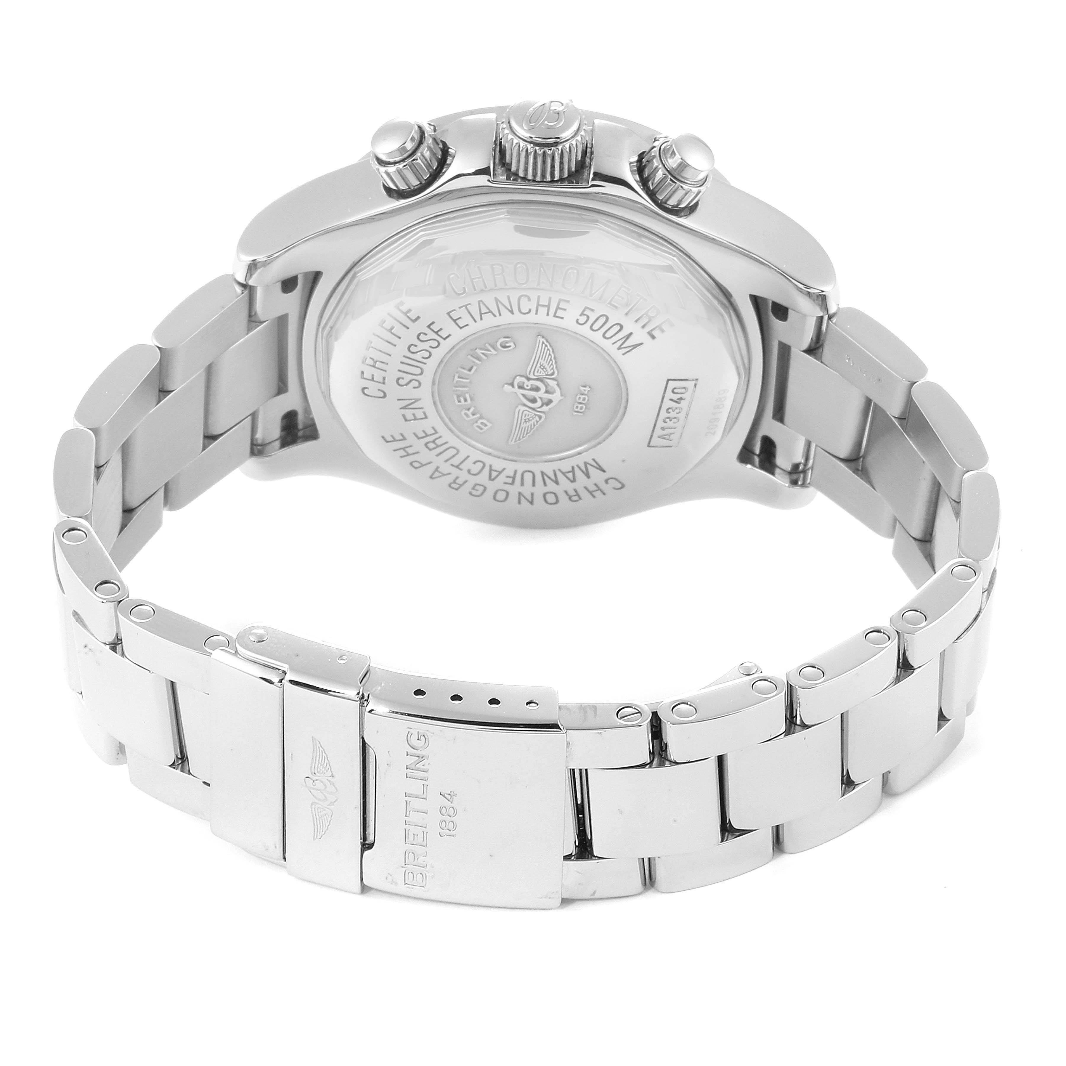 The image shows the back and bracelet clasp of the Breitling Superocean A13340 Men's Stainless Steel Beige Dial A13340 Men's Stainless Steel Beige Dial watch, with engravings visible.