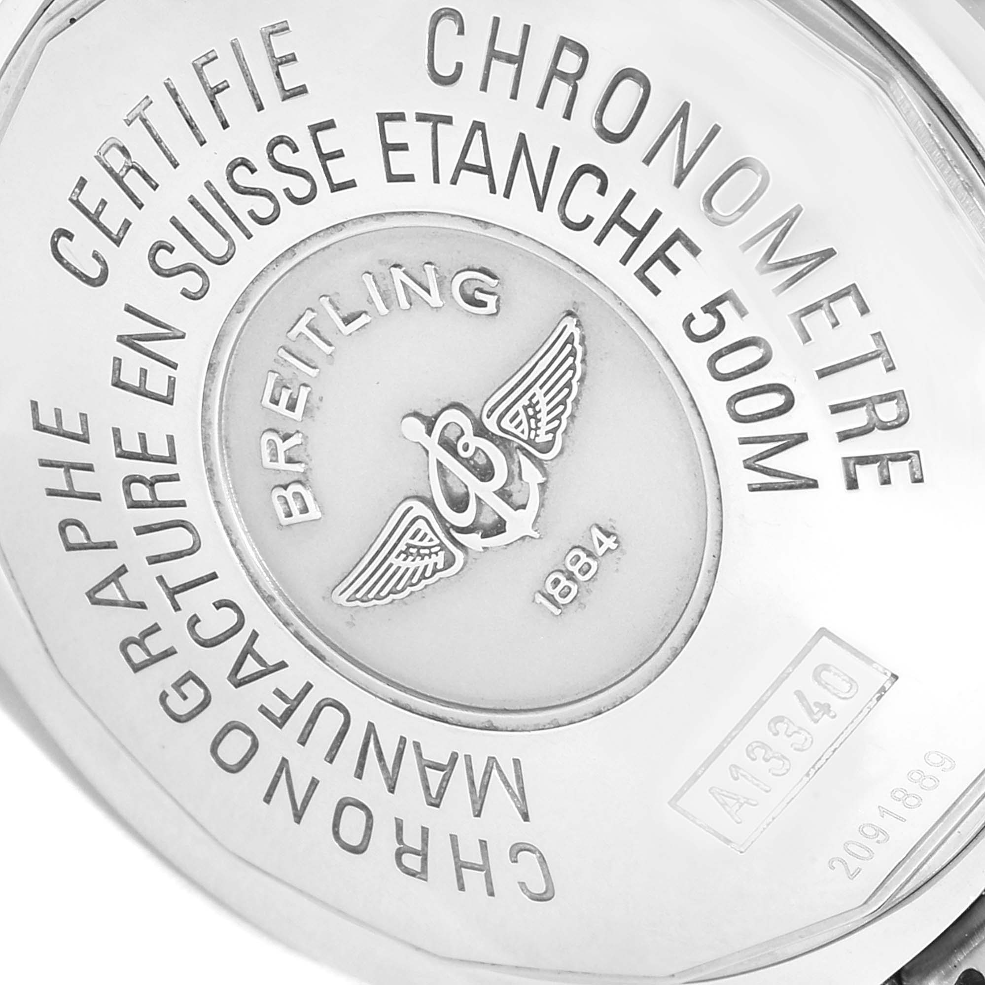 This image shows the back case of the Breitling Superocean A13340 Men's Stainless Steel Beige Dial A13340 Men's Stainless Steel Beige Dial watch, highlighting brand engravings and water resistance information.