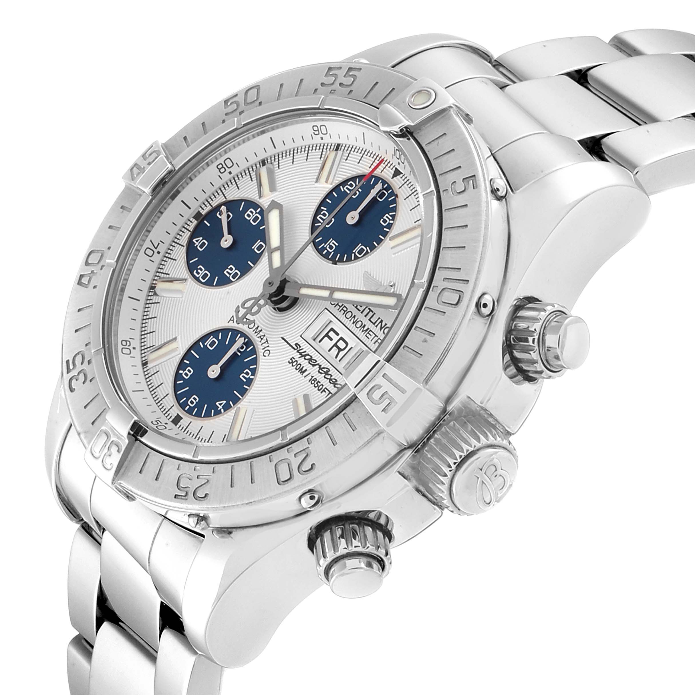 The image shows a side angle of a Breitling Superocean A13340 Men's Stainless Steel Beige Dial A13340 Men's Stainless Steel Beige Dial watch, highlighting its bezel, dial, chronograph subdials, and crown.