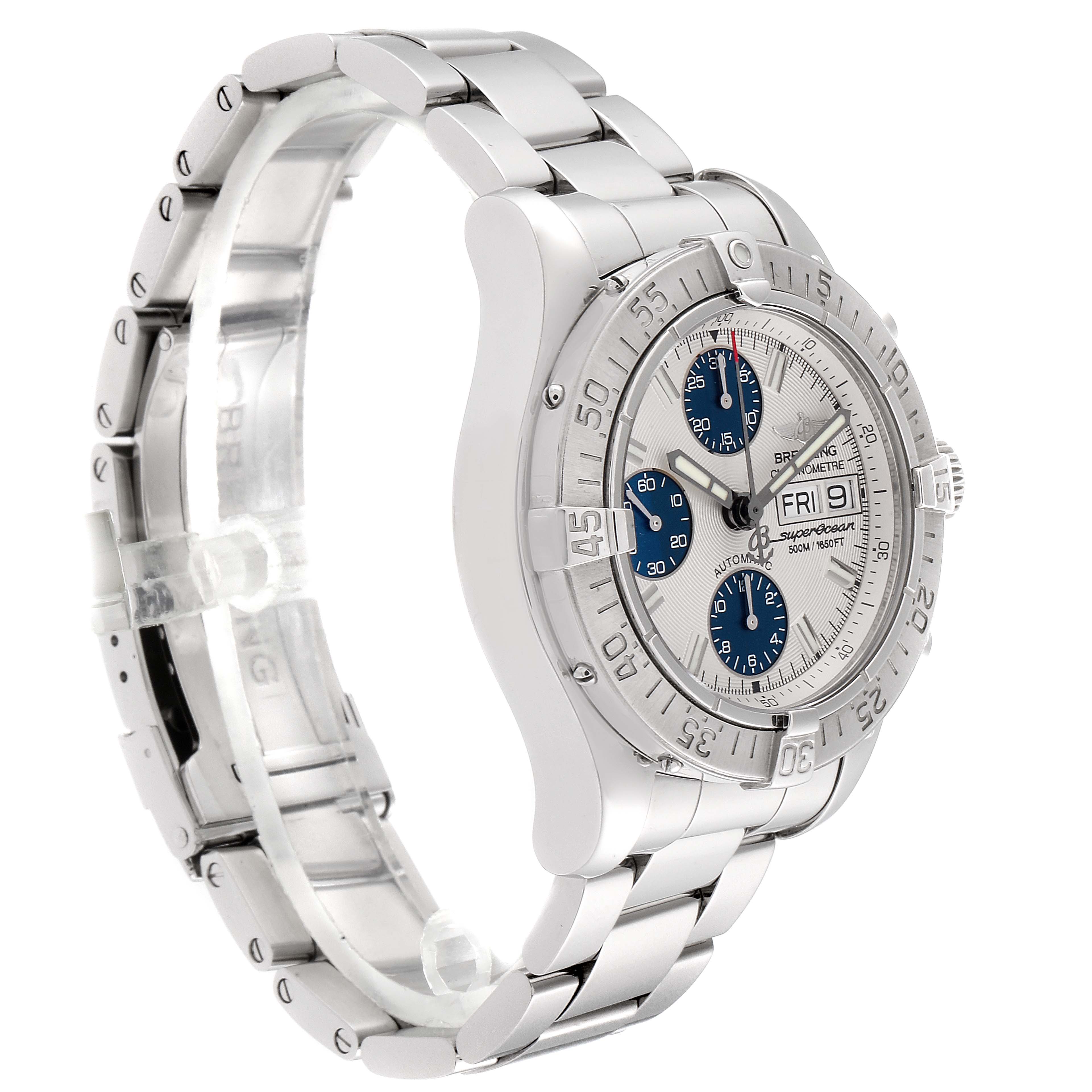 This image shows a side angle of the Breitling Superocean A13340 Men's Stainless Steel Beige Dial A13340 Men's Stainless Steel Beige Dial watch, highlighting its bracelet, bezel, dial, and subdials.