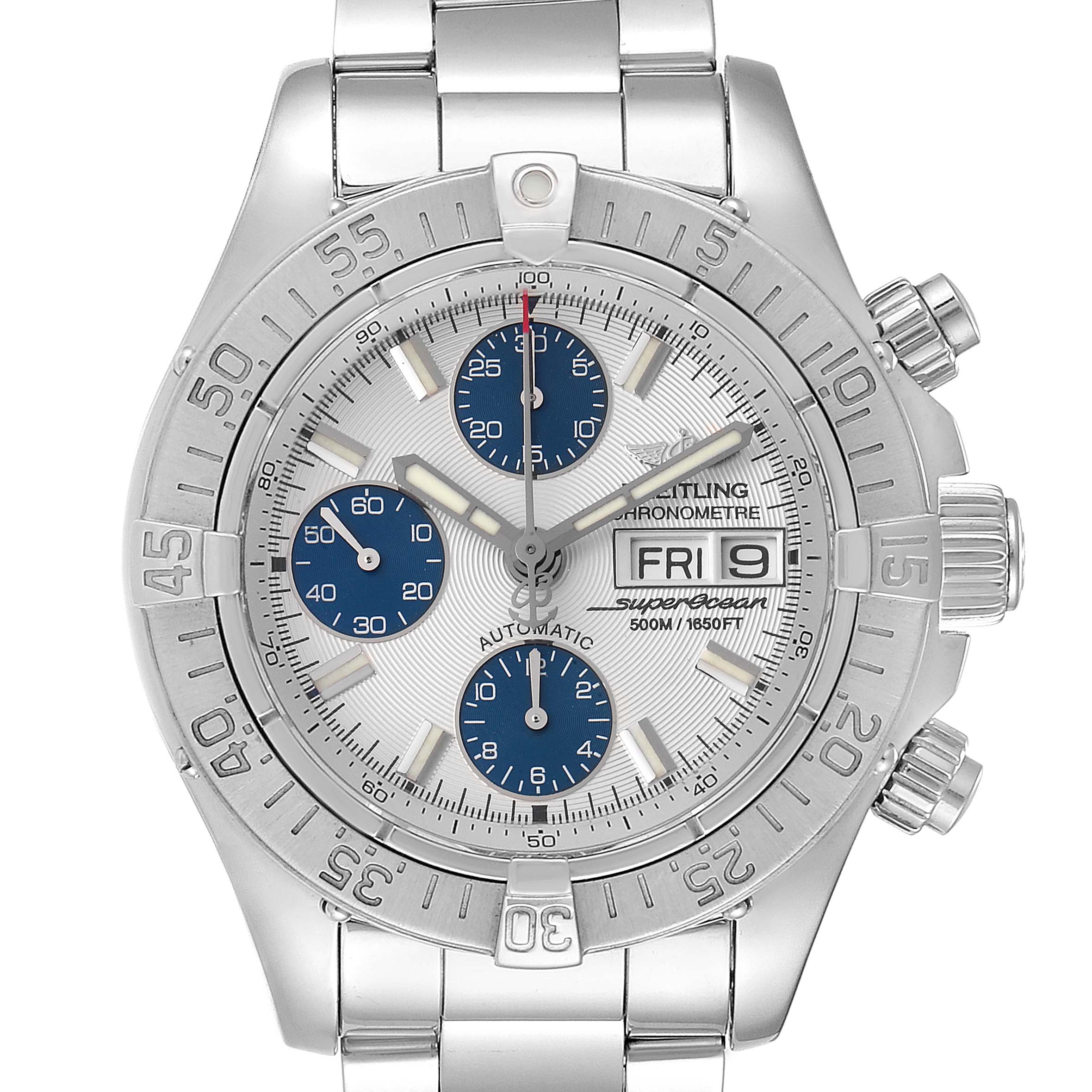 The image shows a front view of the Breitling Superocean A13340 Men's Stainless Steel Beige Dial A13340 Men's Stainless Steel Beige Dial watch, highlighting its face, bezel, and metal bracelet.