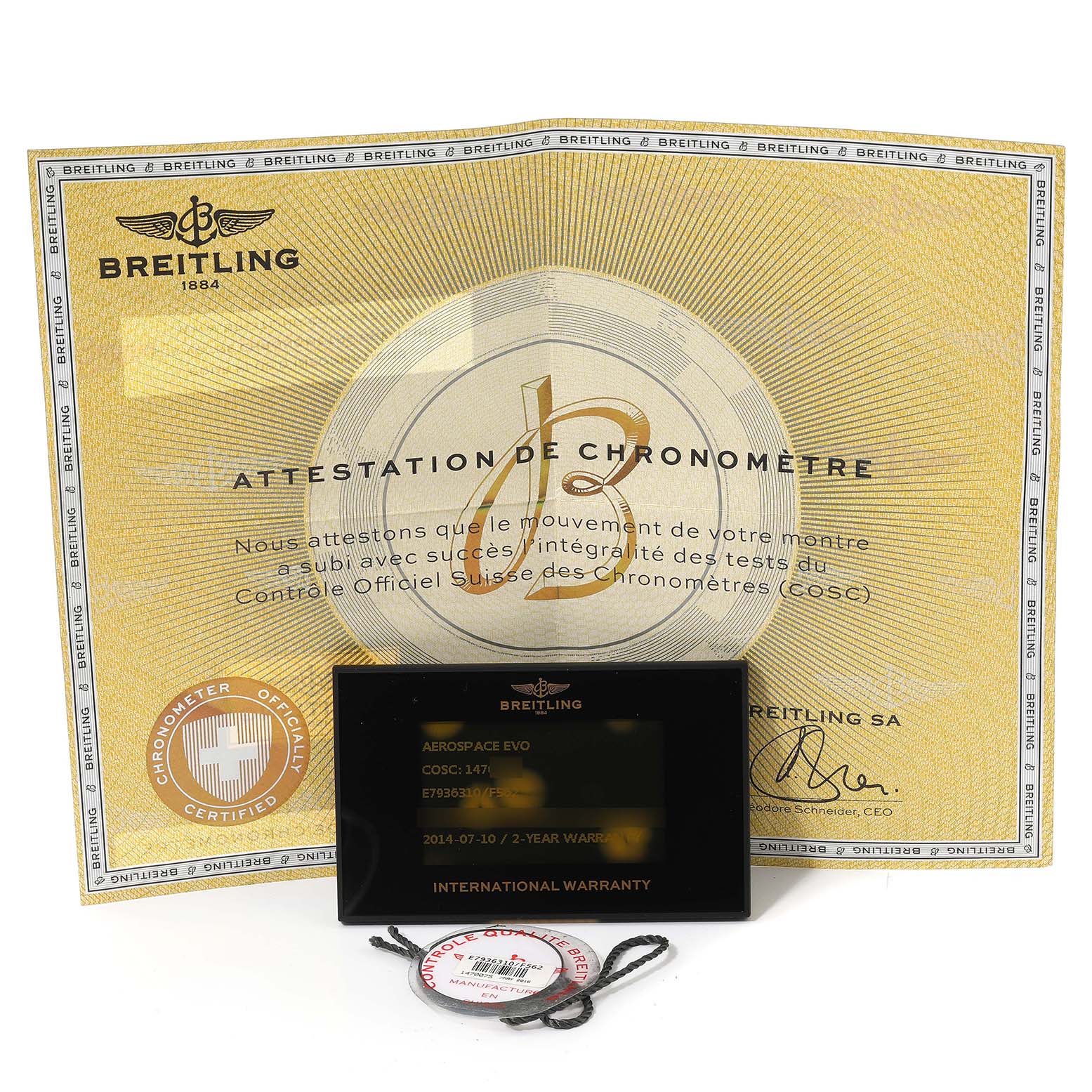 The image shows the certifications and warranty card for the Breitling Professional Series E79363 Men's Titanium Grey Dial E79363 Men's Titanium Grey Dial model watch, including an international warranty card and a tag.