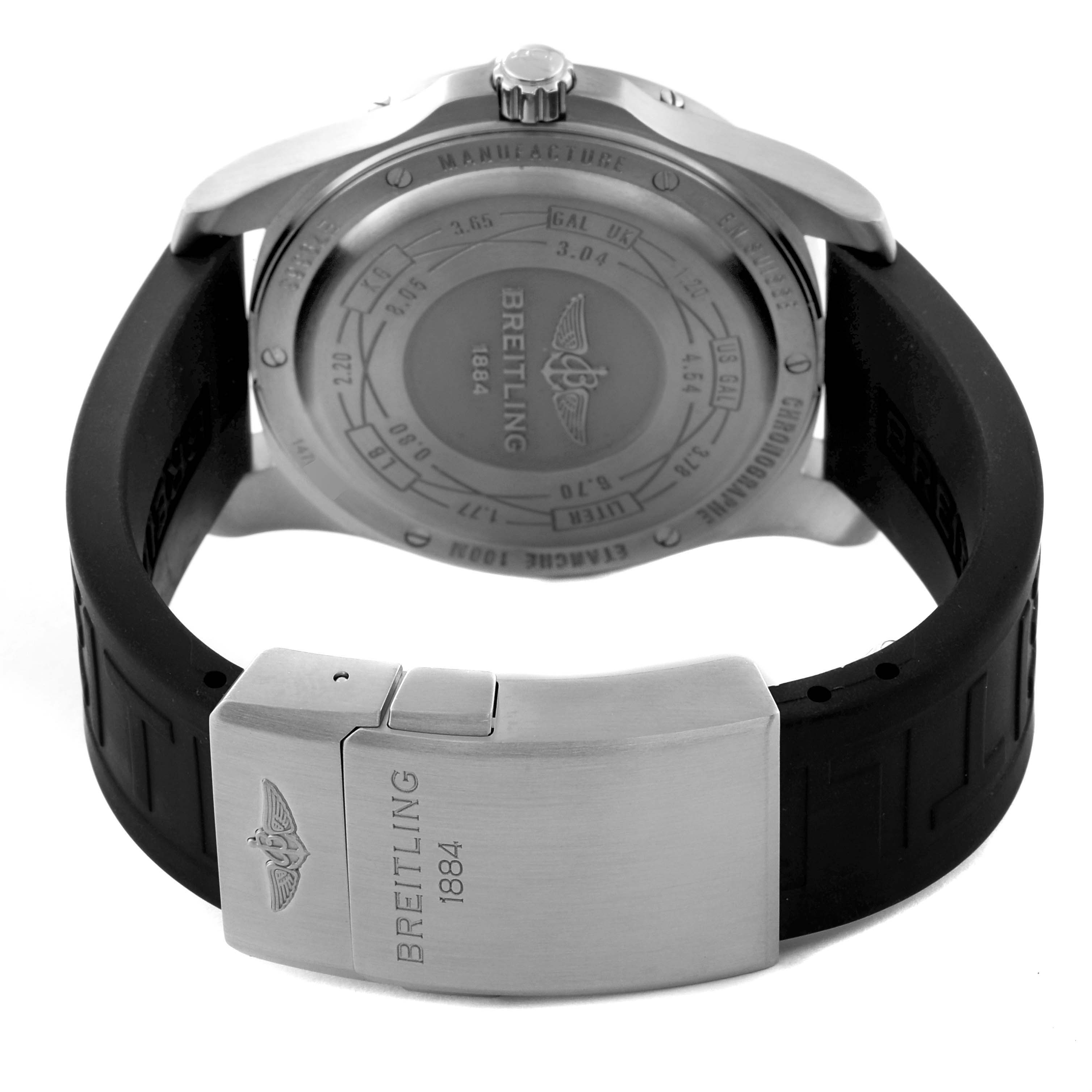 The image shows the back of a Breitling Professional Series E79363 Men's Titanium Grey Dial E79363 Men's Titanium Grey Dial watch and its clasp, highlighting the case back and rubber strap.