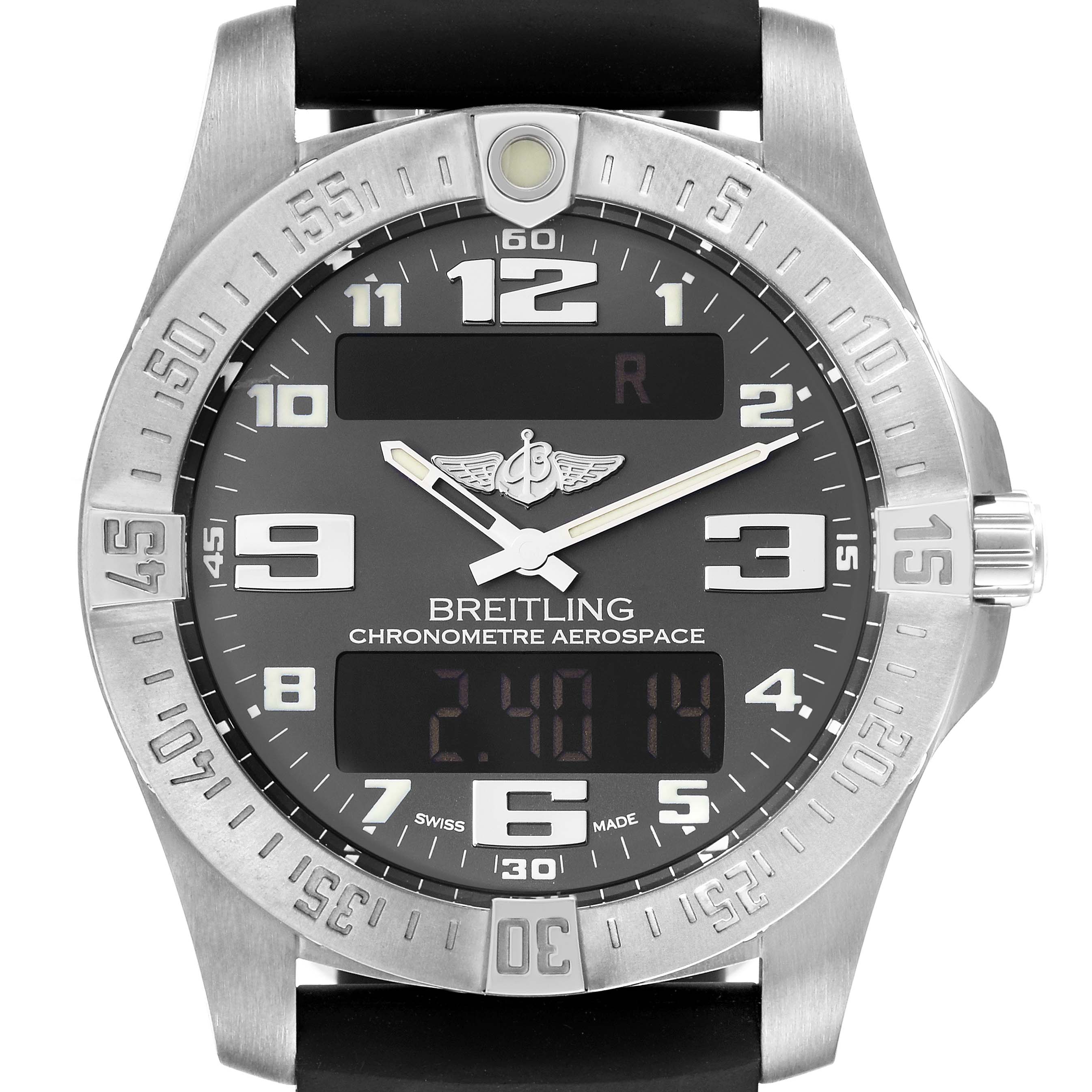 The image shows a front view of a Breitling Professional Series E79363 Men's Titanium Grey Dial E79363 Men's Titanium Grey Dial Chronometre Aerospace with a black dial and silver bezel.