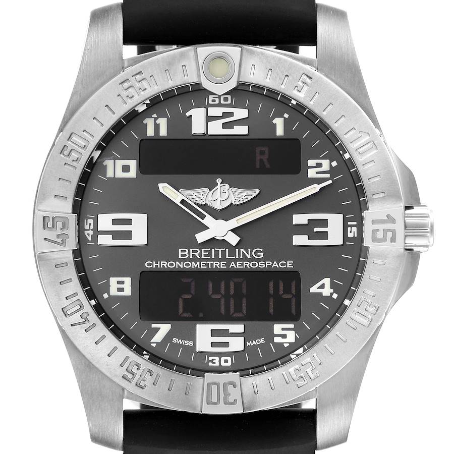 The image shows a front view of a Breitling Professional Series Chronometre Aerospace with a black dial and silver bezel.