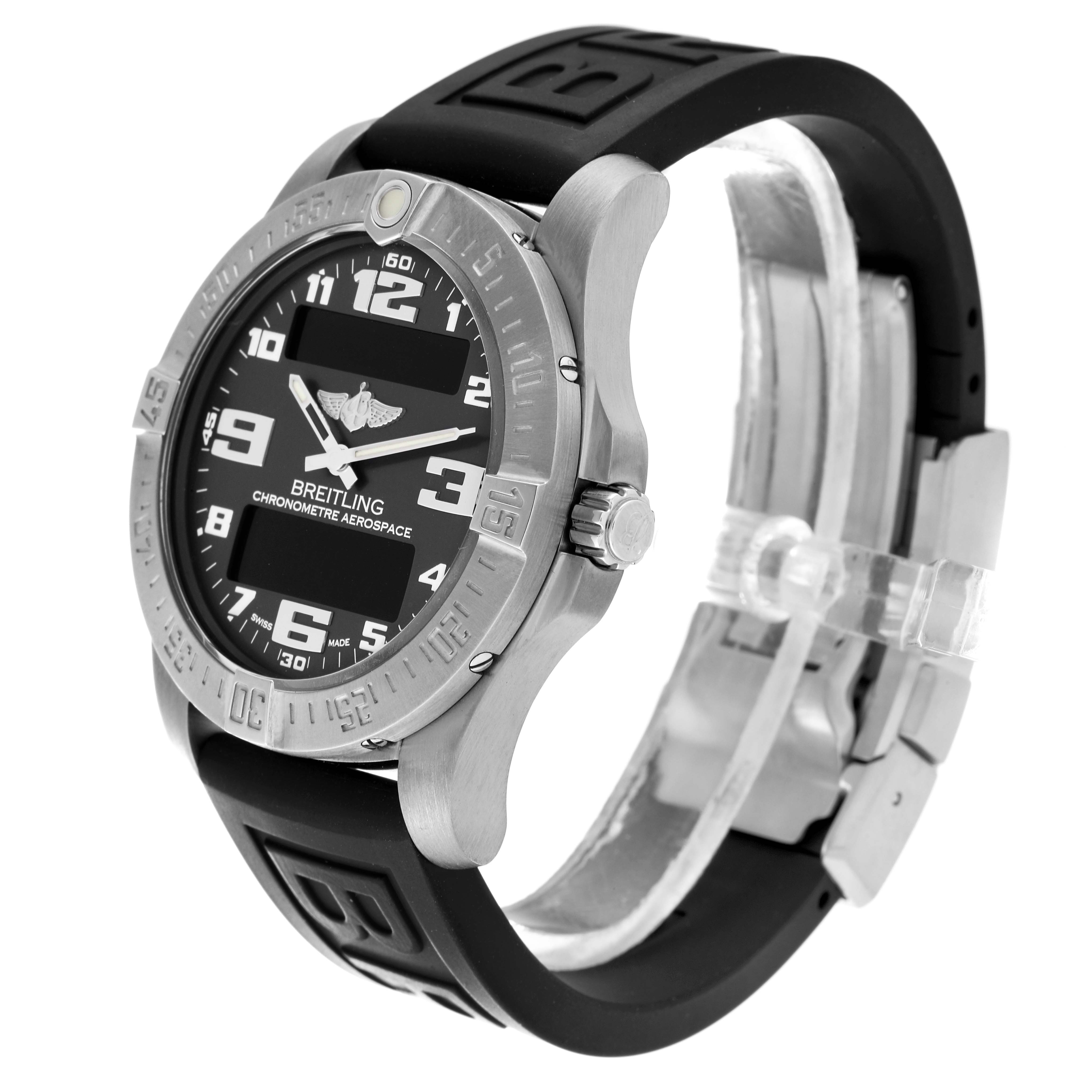 The image shows a side angle view of a Breitling Professional Series E79363 Men's Titanium Grey Dial E79363 Men's Titanium Grey Dial watch with a black strap and a detailed dial.