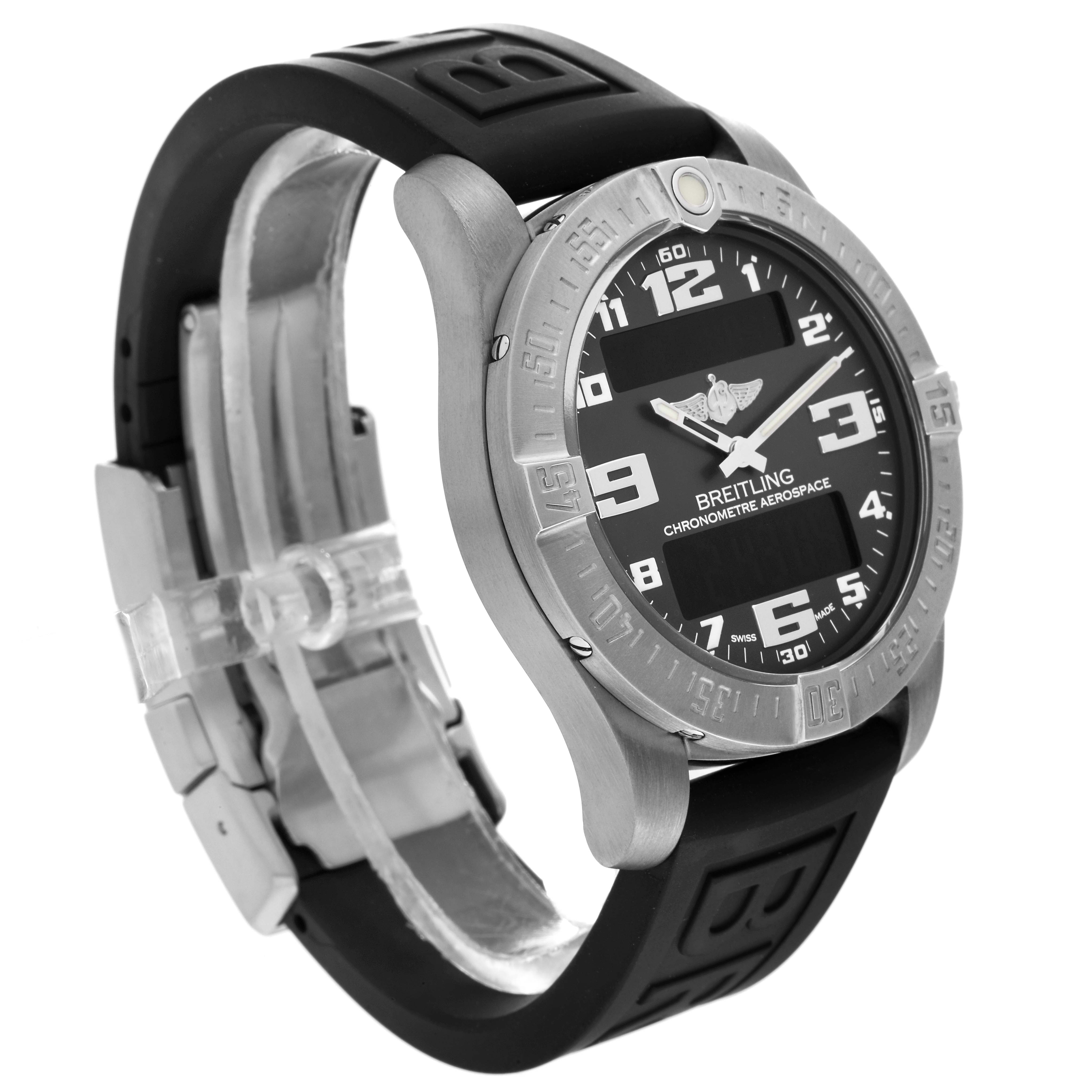 The image shows a side angle view of a Breitling Professional Series E79363 Men's Titanium Grey Dial E79363 Men's Titanium Grey Dial watch, featuring the bezel, dial, and rubber strap.