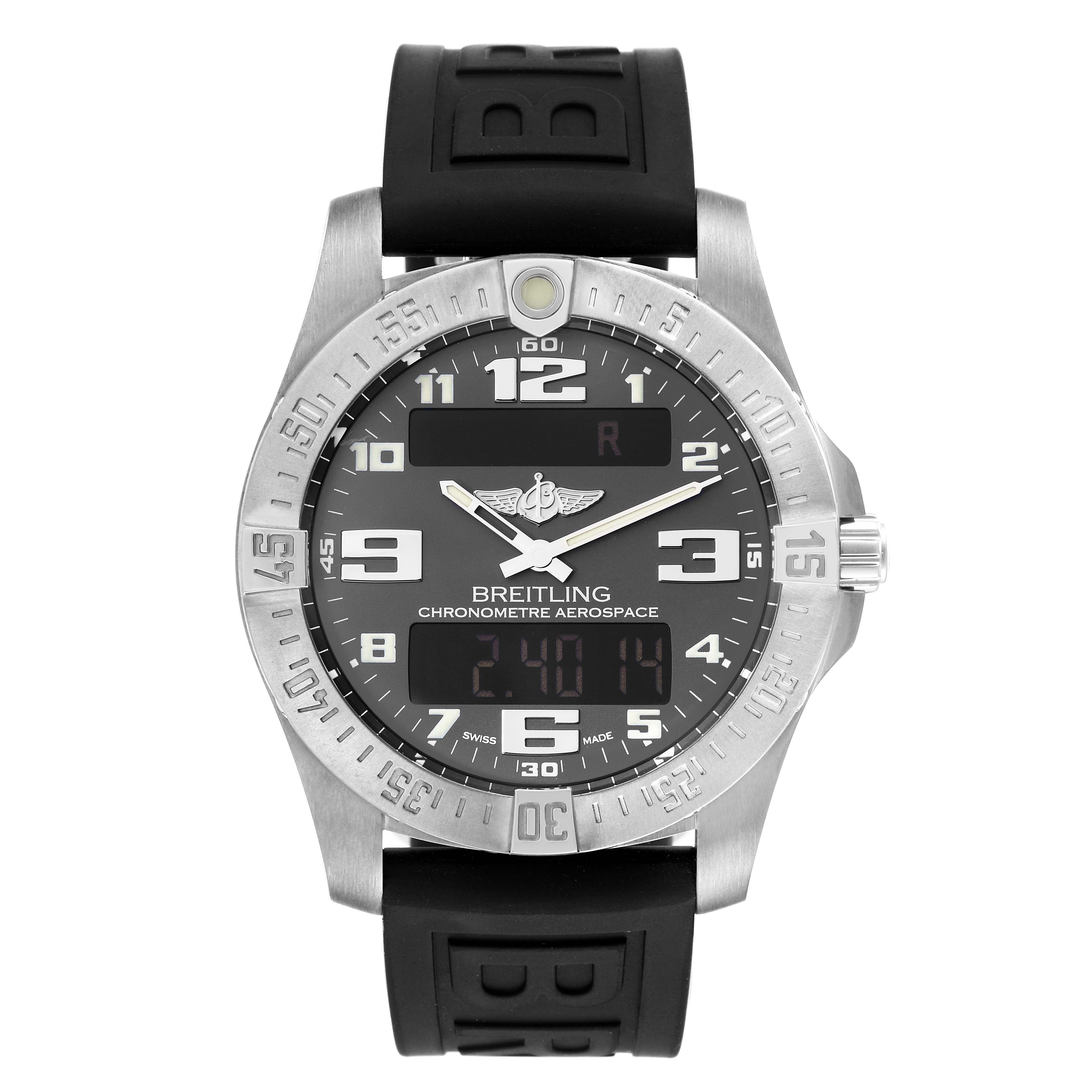 The image shows a front view of the Professional Series Breitling Chronomètre Aerospace watch, including its dial, bezel, and black rubber strap.