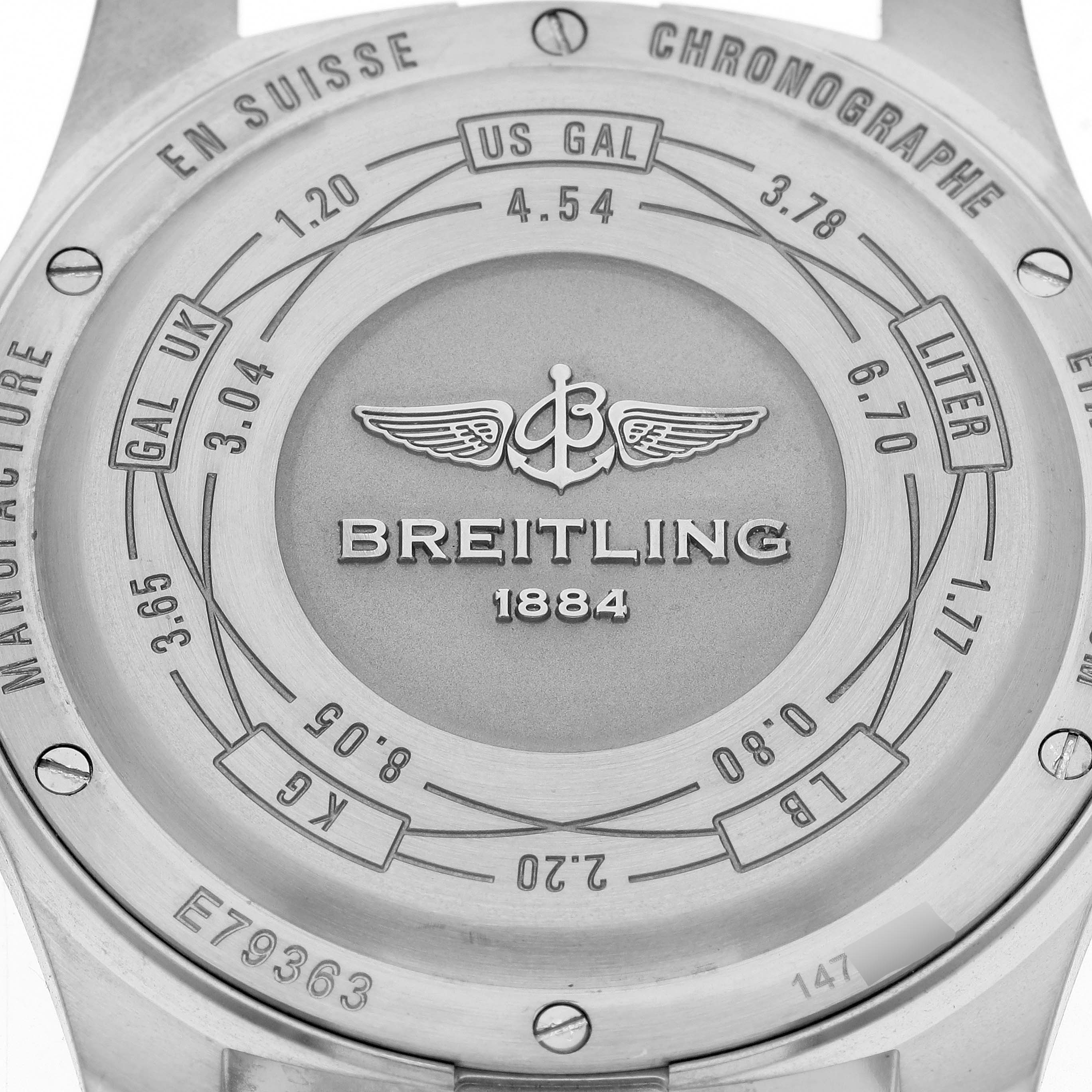 The image shows the back case of a Breitling Professional Series E79363 Men's Titanium Grey Dial E79363 Men's Titanium Grey Dial watch, featuring conversion scales and branding details.