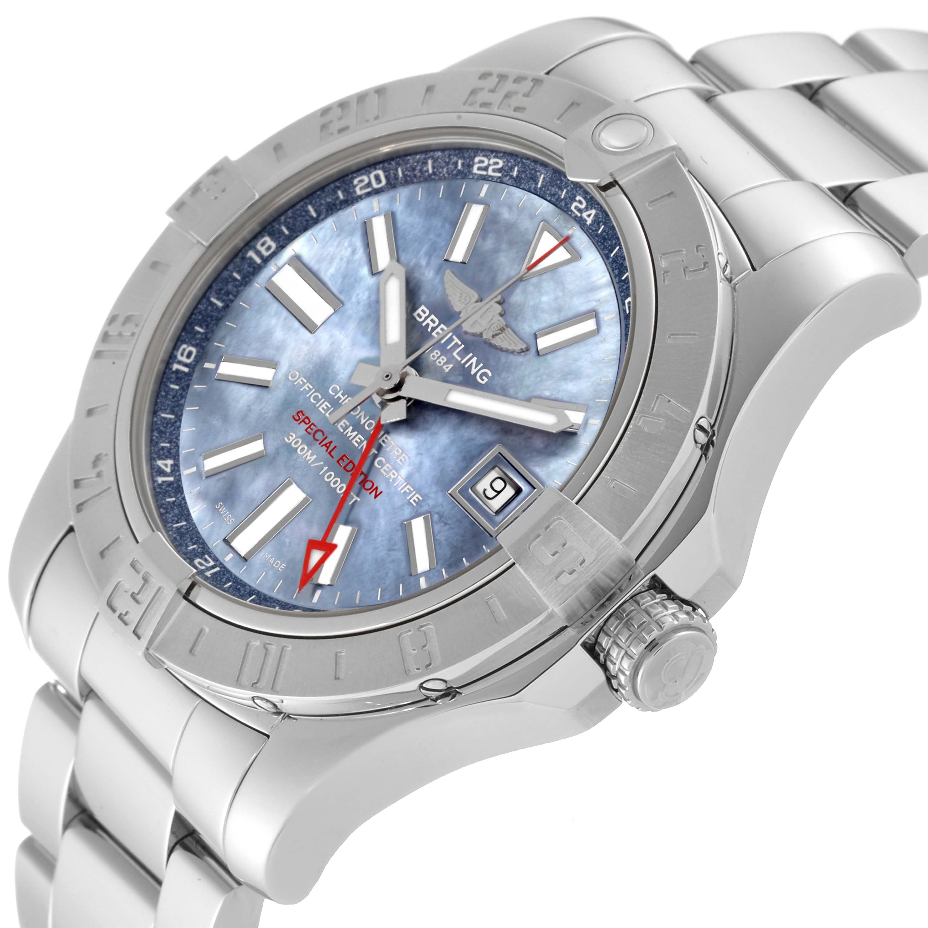 The image shows a close-up angle of the Breitling Avenger A3239011/C930 Men's Stainless Steel Mother of Pearl Dial A3239011/C930 Men's Stainless Steel Mother of Pearl Dial watch, highlighting the dial, bezel, and part of the bracelet.