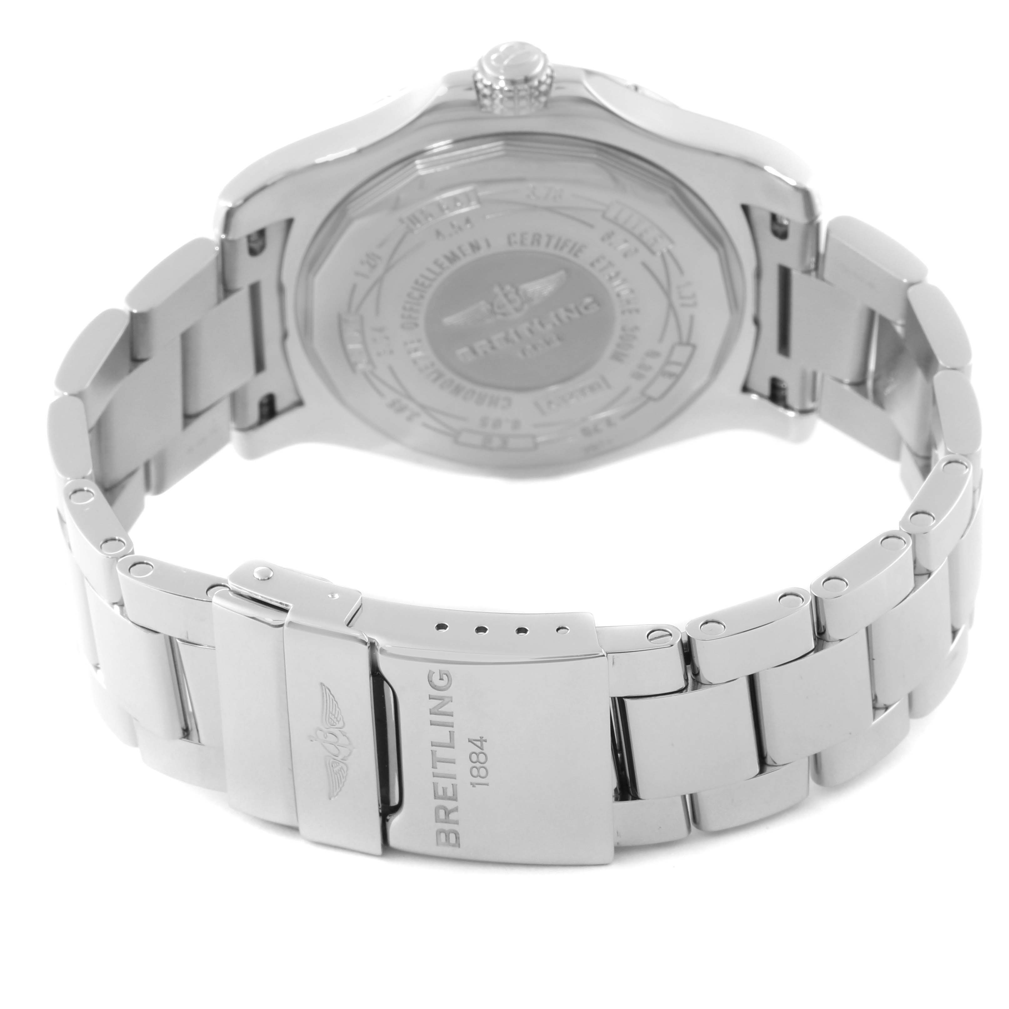 The image shows the back view of a Breitling Avenger A3239011/C930 Men's Stainless Steel Mother of Pearl Dial A3239011/C930 Men's Stainless Steel Mother of Pearl Dial watch, focusing on the stainless steel case back and bracelet.