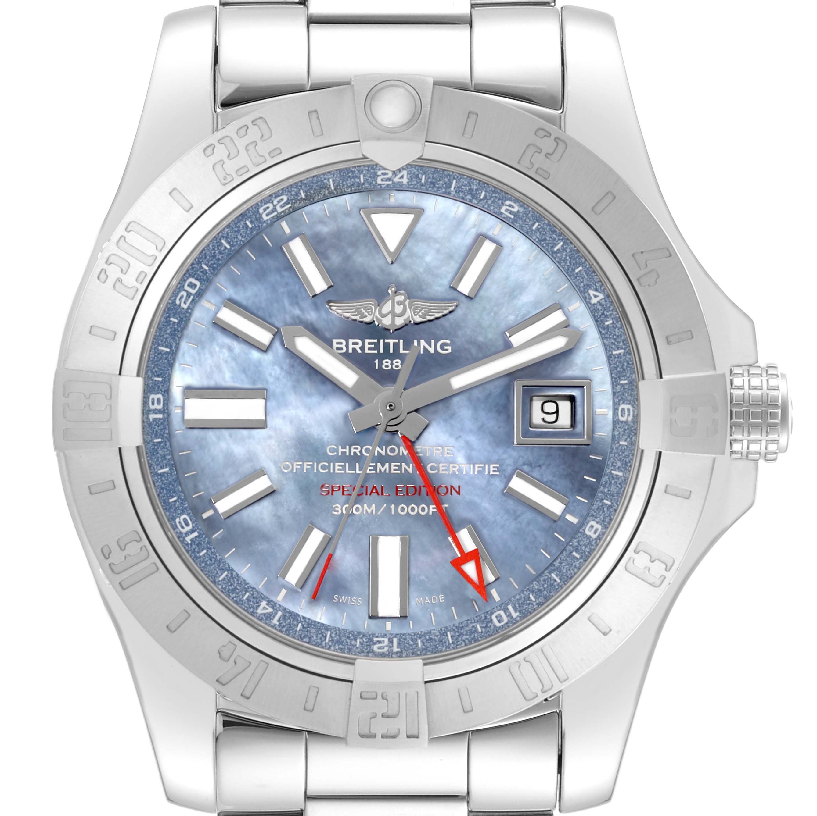 This image shows the front view of the Breitling Avenger A3239011/C930 Men's Stainless Steel Mother of Pearl Dial A3239011/C930 Men's Stainless Steel Mother of Pearl Dial watch, highlighting its face, bezel, and part of its bracelet.