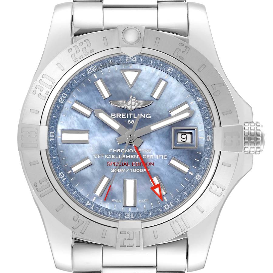 Breitling Avenger II GMT Blue Mother of Pearl Dial Steel Mens Watch A32390 Box Card SwissWatchExpo