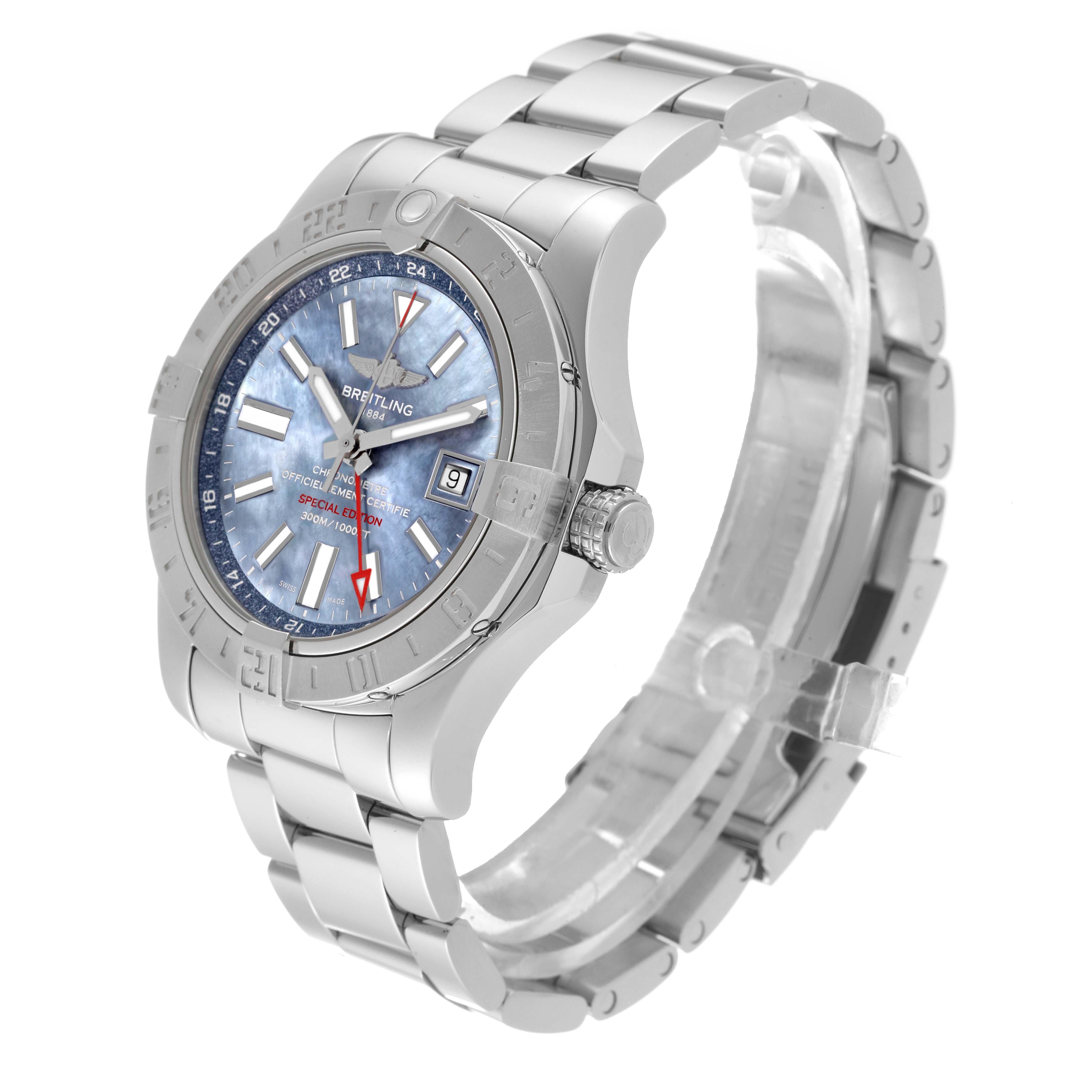 The Breitling Avenger A3239011/C930 Men's Stainless Steel Mother of Pearl Dial A3239011/C930 Men's Stainless Steel Mother of Pearl Dial watch is shown from a front-left angle, displaying its stainless steel bracelet, blue dial, and date window.