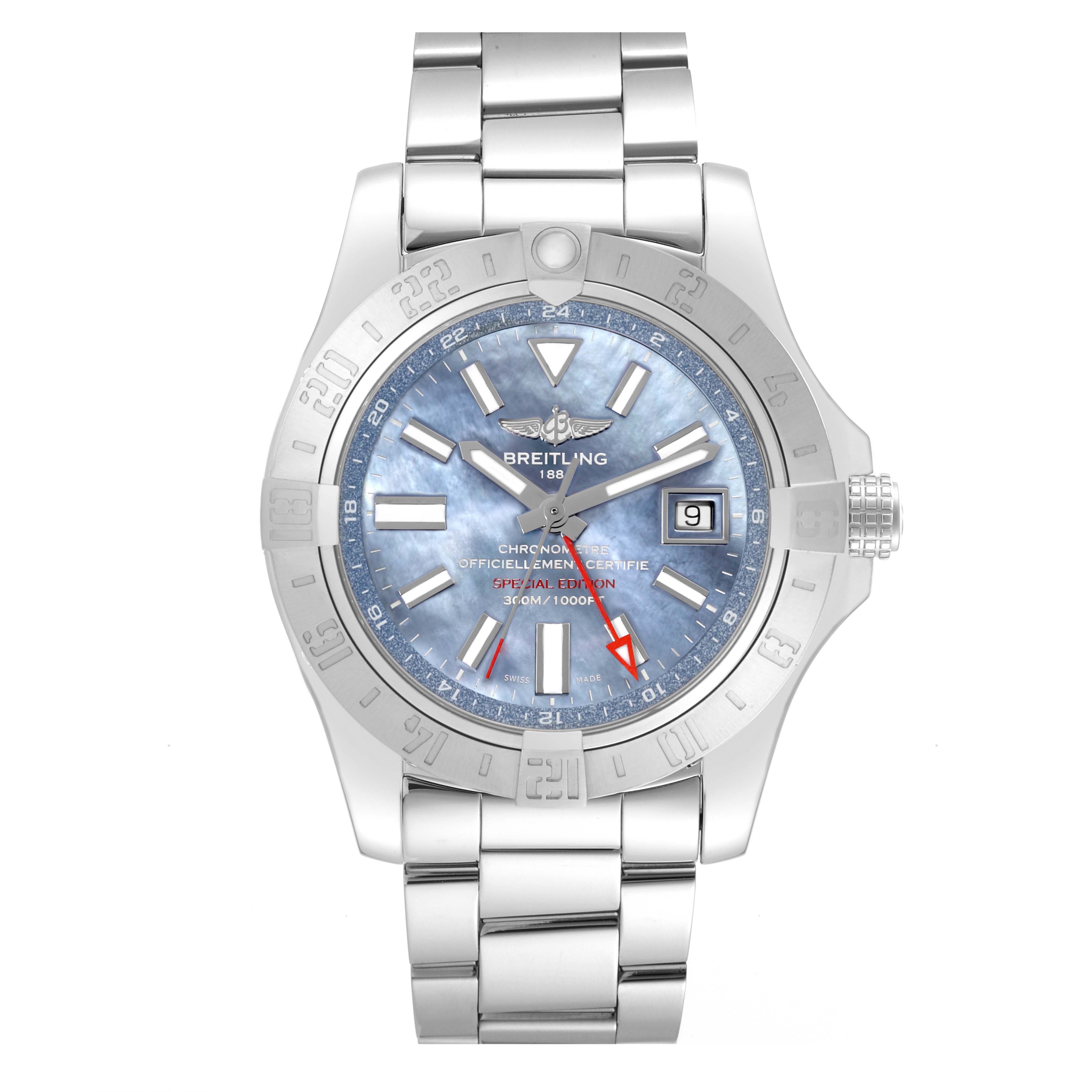 The Breitling Avenger A3239011/C930 Men's Stainless Steel Mother of Pearl Dial A3239011/C930 Men's Stainless Steel Mother of Pearl Dial watch is shown from a front angle, highlighting its face, bezel, crown, and stainless steel bracelet.