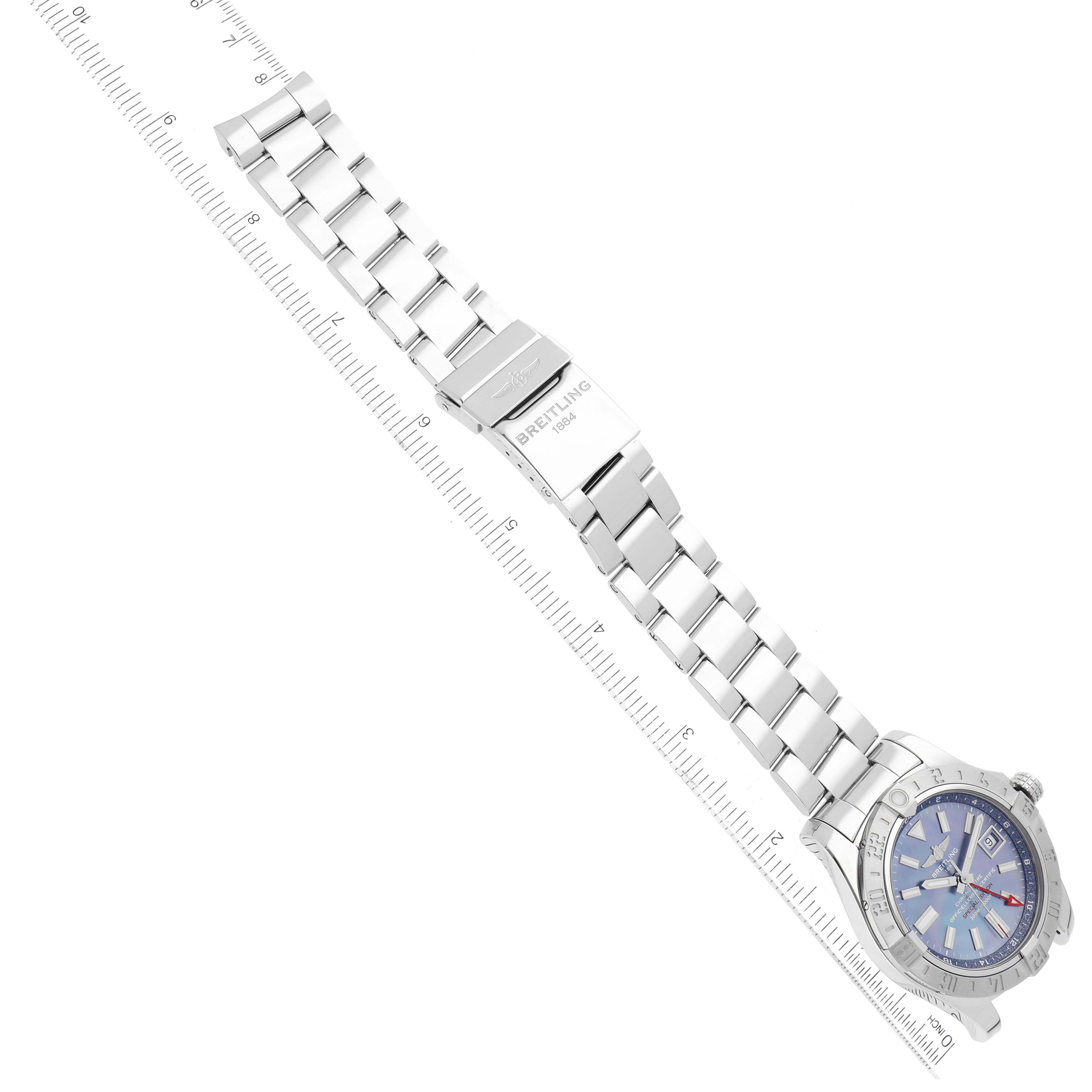 The image shows a top-down view of the Breitling Avenger A3239011/C930 Men's Stainless Steel Mother of Pearl Dial A3239011/C930 Men's Stainless Steel Mother of Pearl Dial watch, including its bracelet, clasp, and blue dial.