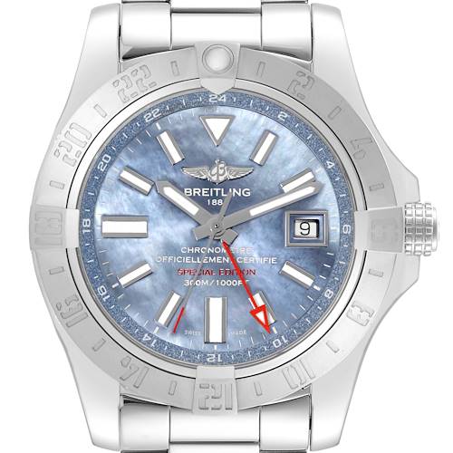 Photo of Breitling Avenger II GMT Blue MOP Dial Steel Mens Watch A32390 Box Card
