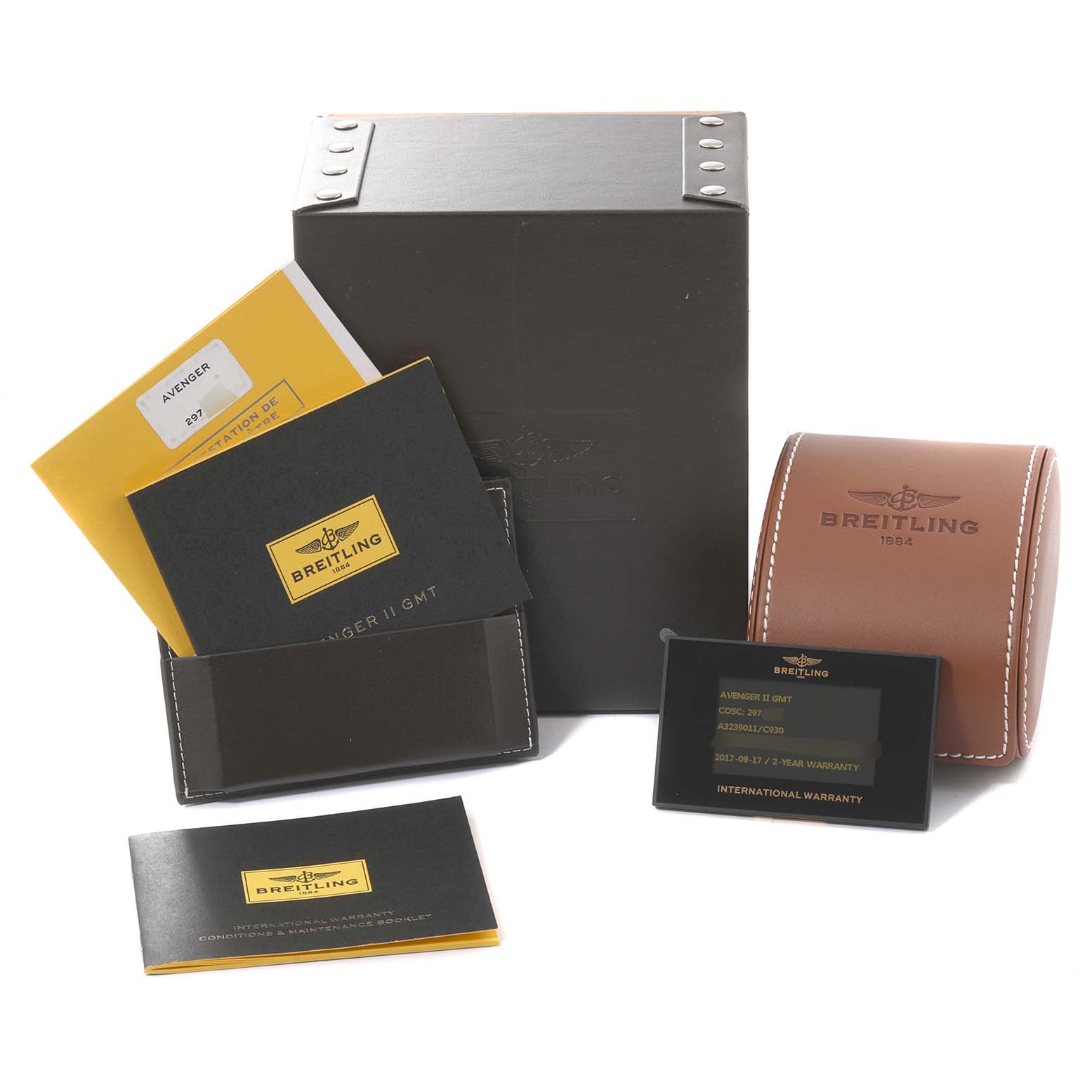 The image shows Breitling Avenger A3239011/C930 Men's Stainless Steel Mother of Pearl Dial A3239011/C930 Men's Stainless Steel Mother of Pearl Dial watch accessories, including manuals, warranty card, leather case, and the external packaging box.