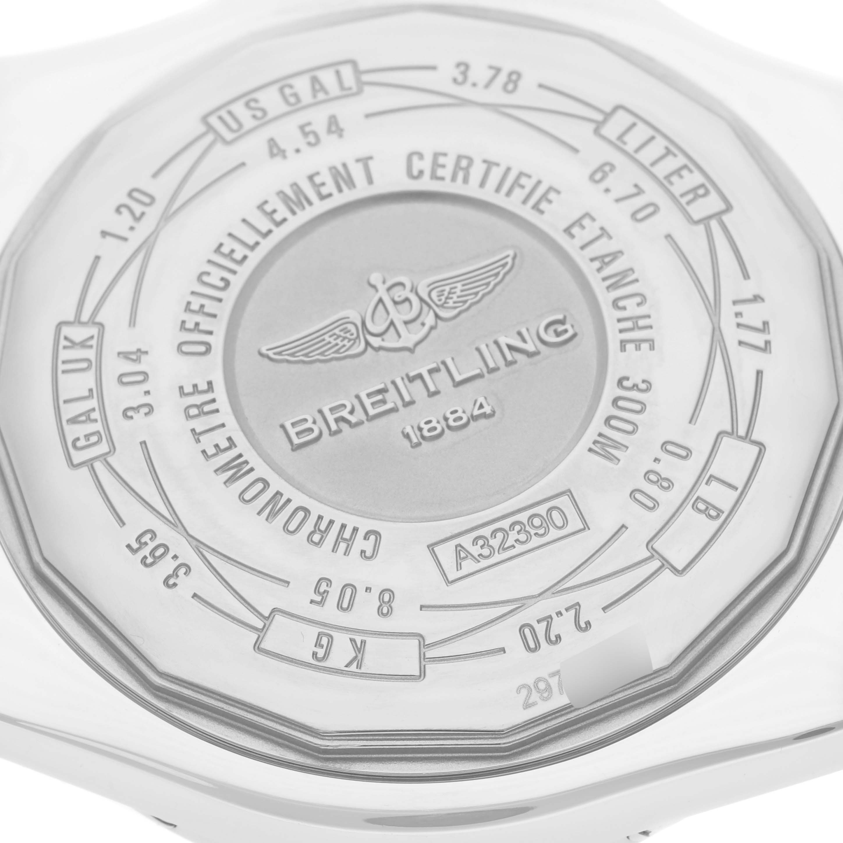 The image shows the back case of a Breitling Avenger A3239011/C930 Men's Stainless Steel Mother of Pearl Dial A3239011/C930 Men's Stainless Steel Mother of Pearl Dial watch, highlighting its engravings and specifications.