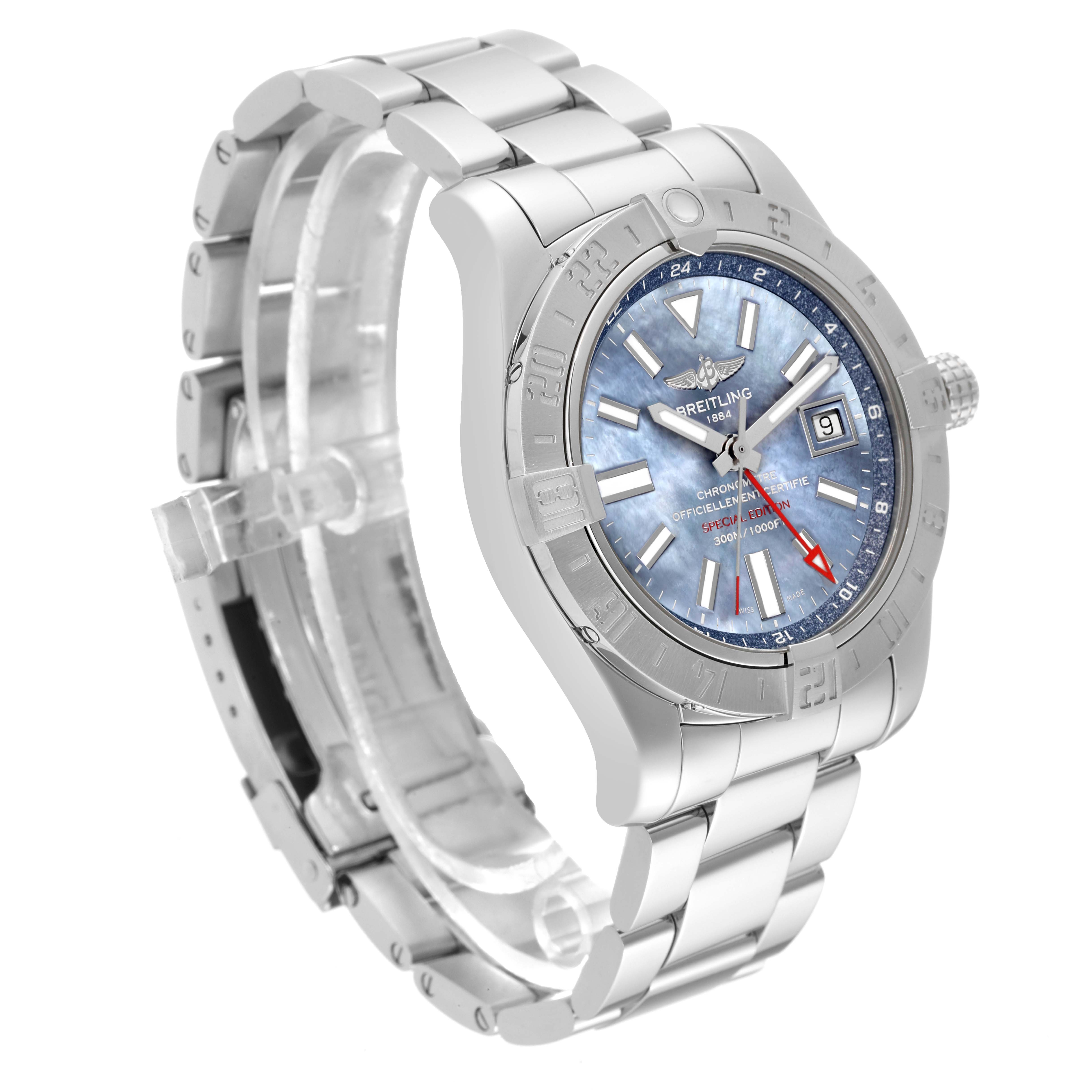 This image shows the Breitling Avenger A3239011/C930 Men's Stainless Steel Mother of Pearl Dial A3239011/C930 Men's Stainless Steel Mother of Pearl Dial watch at a three-quarter angle, highlighting the dial, bezel, bracelet, and clasp.