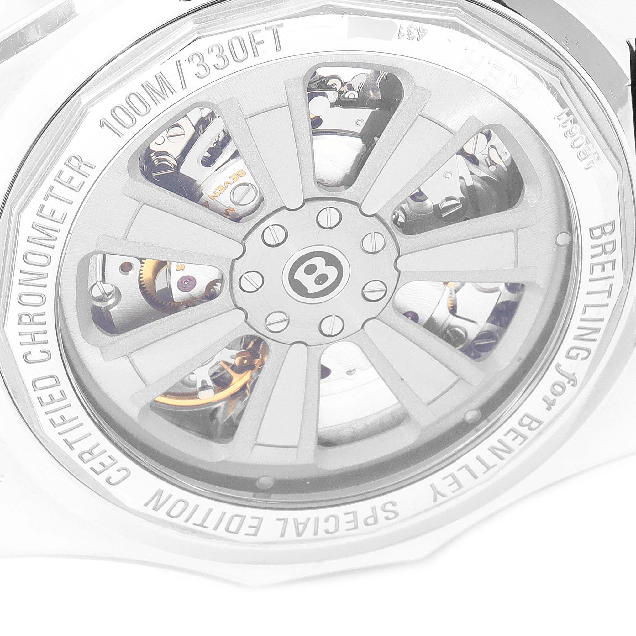 This image shows the back of a Breitling Bentley AB061112-G802-754P Men's Stainless Steel Silver Dial AB061112-G802-754P Men's Stainless Steel Silver Dial model watch, focusing on its visible inner mechanism.