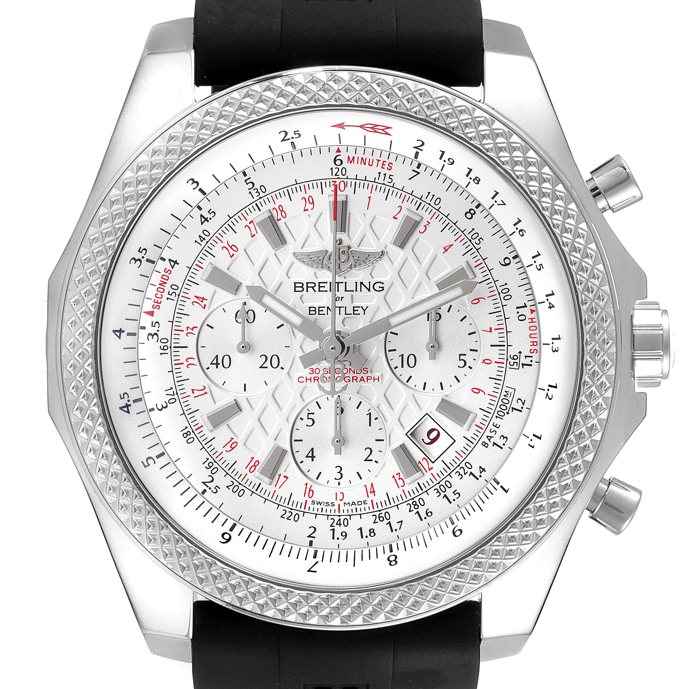 The Bentley model by Breitling is shown from the front, featuring the detailed dial, chronograph subdials, and bezel.