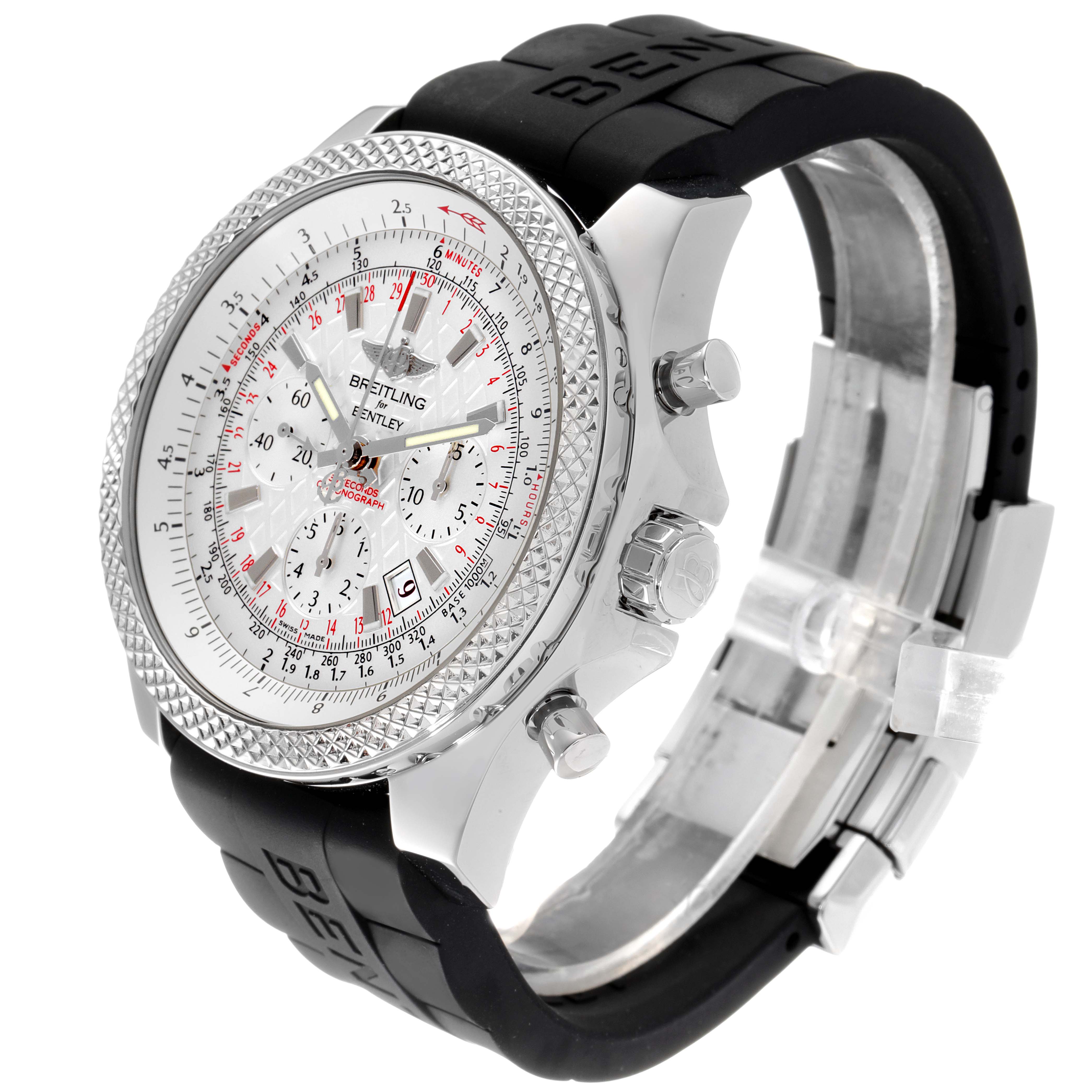 The Bentley model by Breitling is shown from an angled side view, highlighting the face, bezel, crown, and strap.