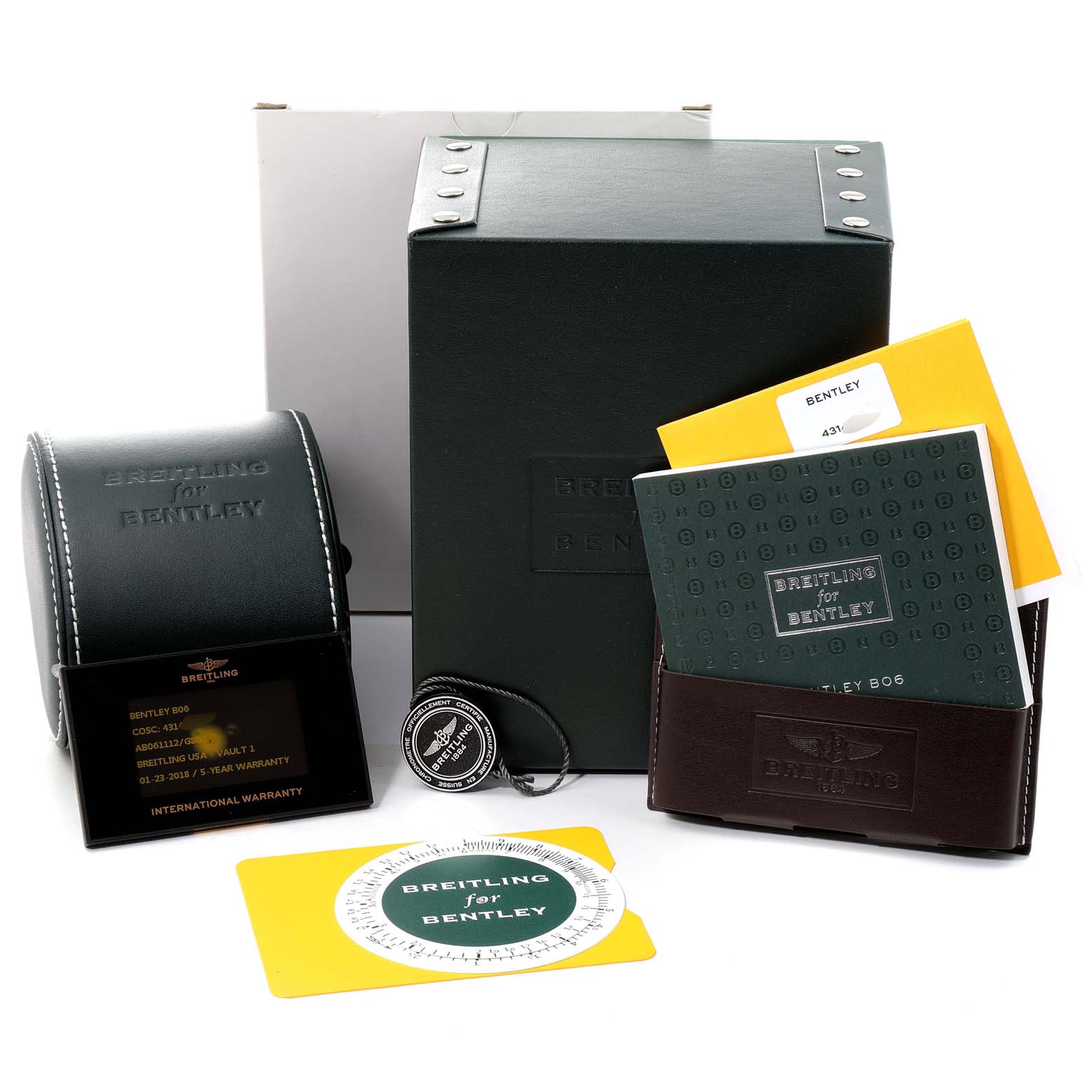 The image shows accessory items for the Breitling Bentley AB061112-G802-754P Men's Stainless Steel Silver Dial AB061112-G802-754P Men's Stainless Steel Silver Dial watch, including boxes, manuals, a warranty card, and a tag.