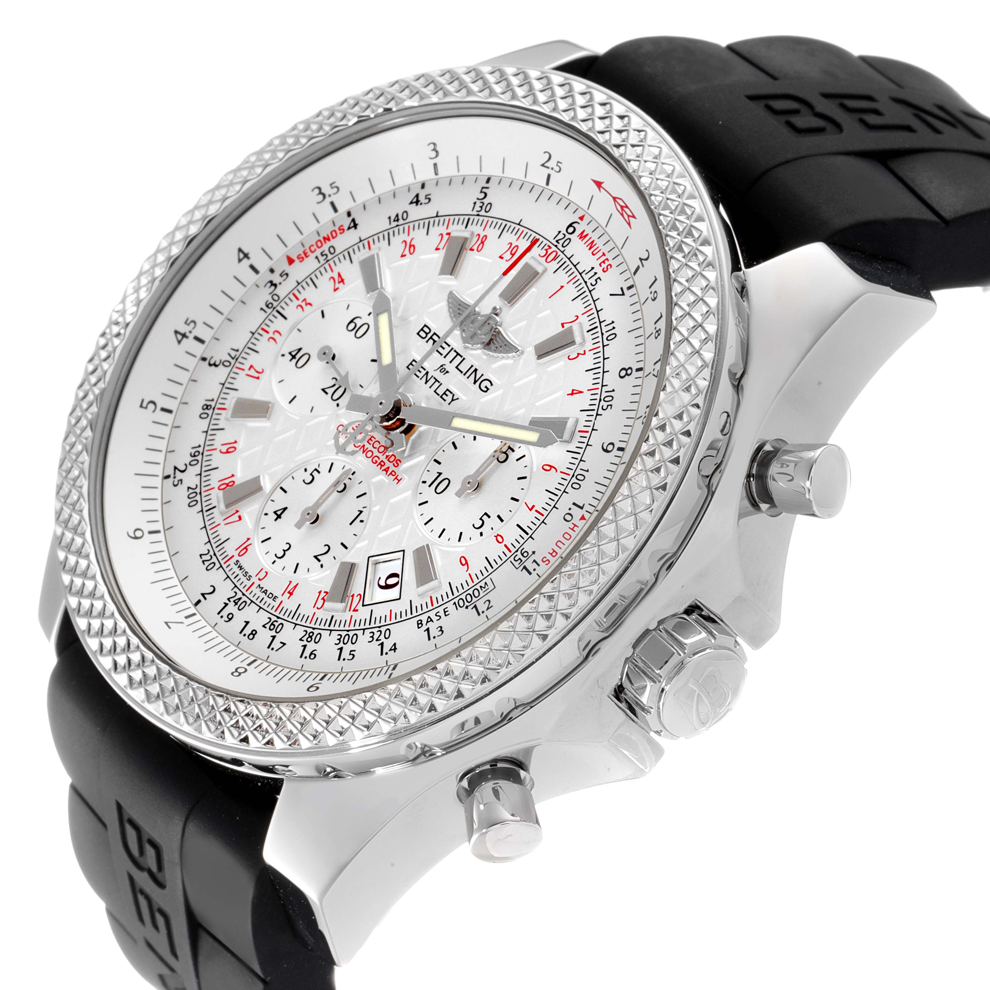 The Breitling Bentley AB061112-G802-754P Men's Stainless Steel Silver Dial AB061112-G802-754P Men's Stainless Steel Silver Dial watch is shown at an angle highlighting the dial, bezel, pushers, and part of the strap.