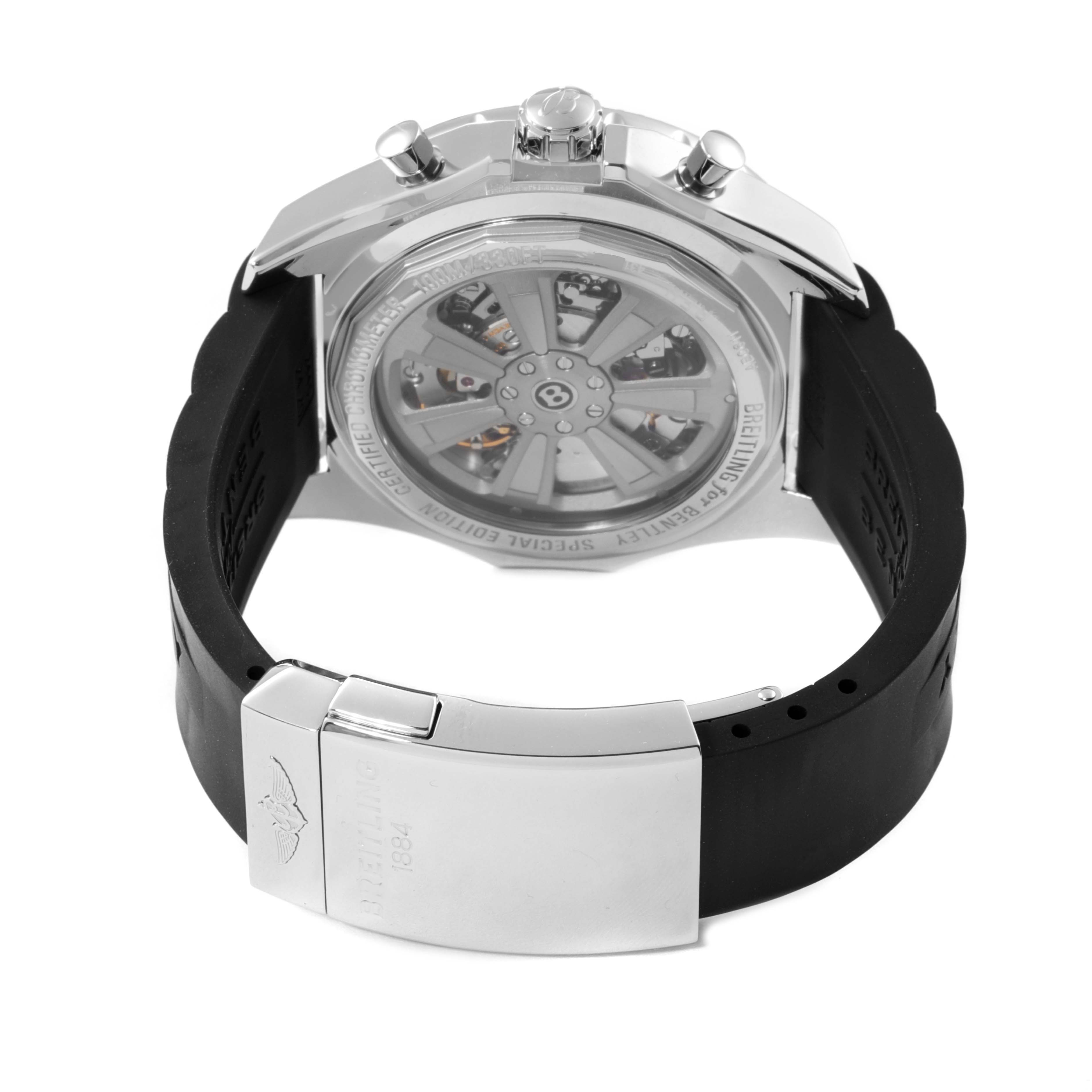 The image shows the back view of the Breitling Bentley AB061112-G802-754P Men's Stainless Steel Silver Dial AB061112-G802-754P Men's Stainless Steel Silver Dial model watch, highlighting the rotor and the clasp on the strap.