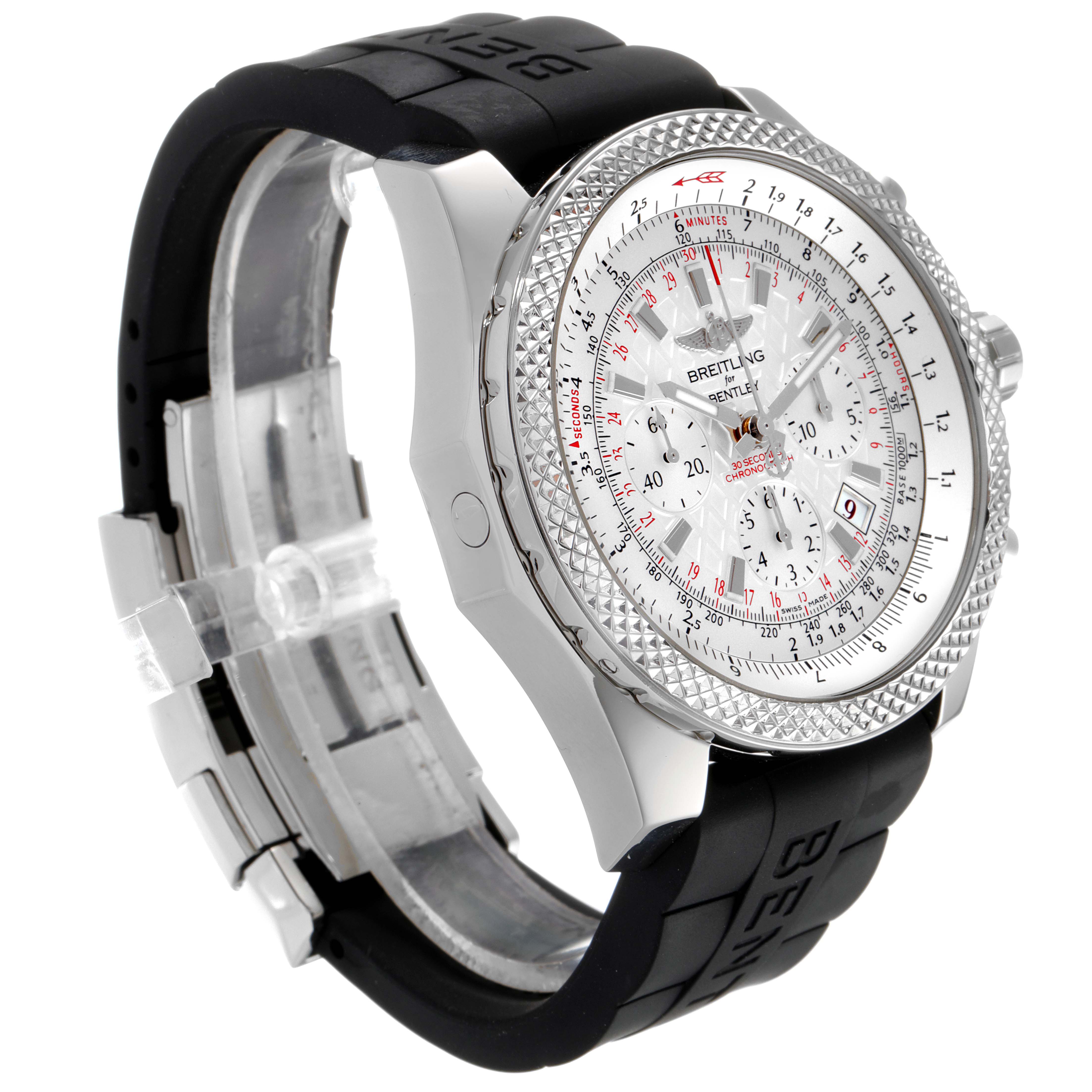 This is a side-angle view of a Breitling Bentley AB061112-G802-754P Men's Stainless Steel Silver Dial AB061112-G802-754P Men's Stainless Steel Silver Dial watch, showing the face, bezel, crown, and strap.