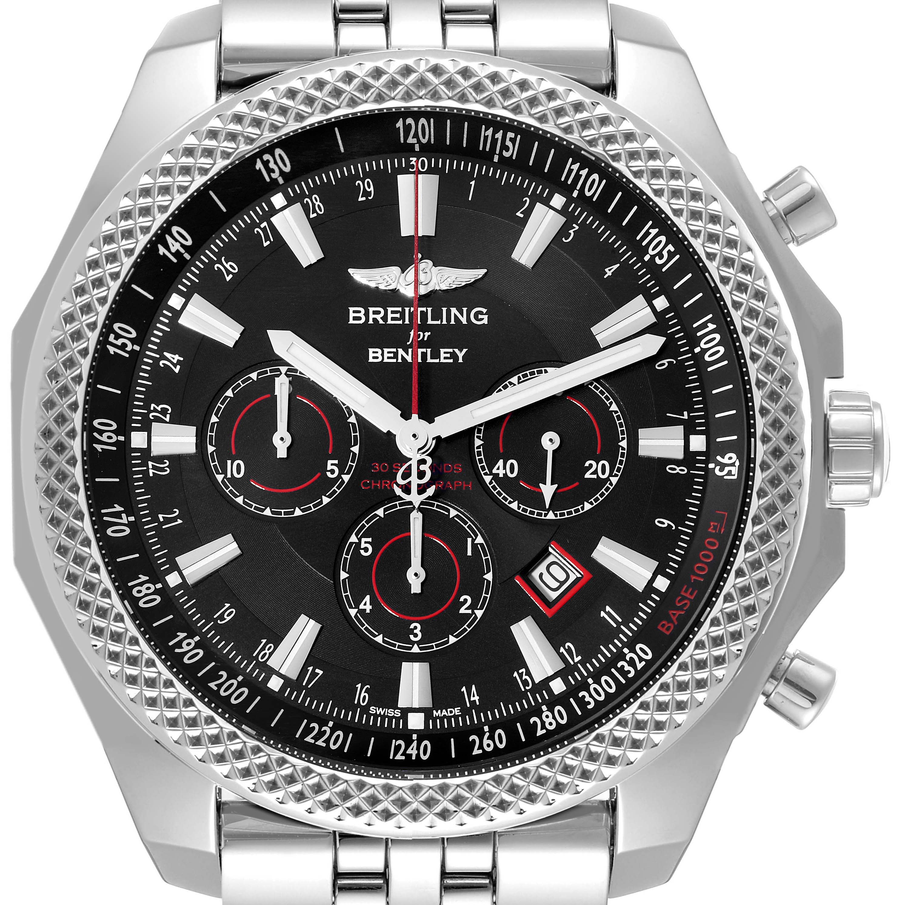 The image shows a front view of a Breitling Bentley A25368 Men's Stainless Steel Black Dial A25368 Men's Stainless Steel Black Dial watch, highlighting the dial, bezel, chronograph subdials, and crown.
