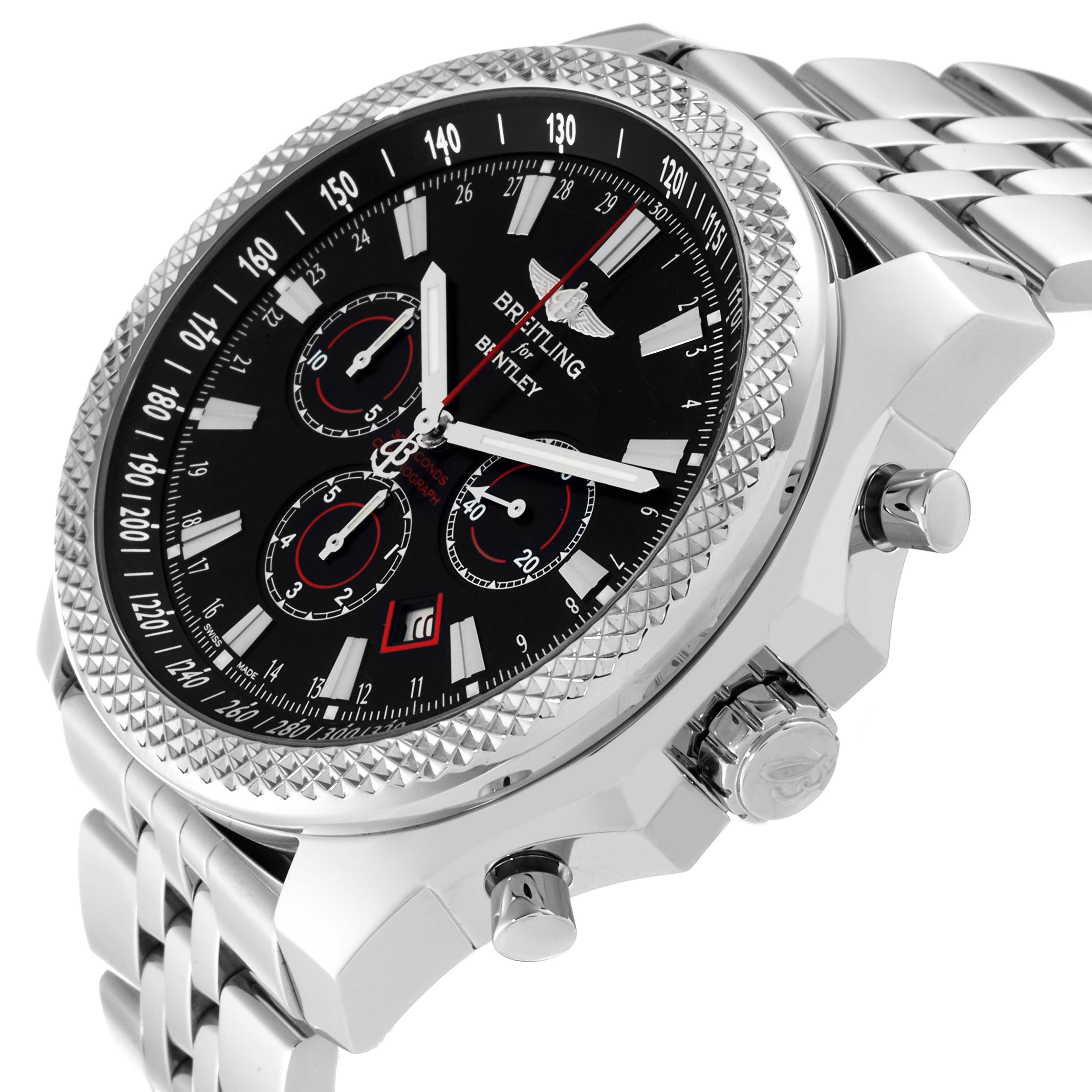 This Breitling Bentley A25368 Men's Stainless Steel Black Dial A25368 Men's Stainless Steel Black Dial watch is shown at an angled side view, highlighting its bezel, chronograph dials, and metal bracelet.