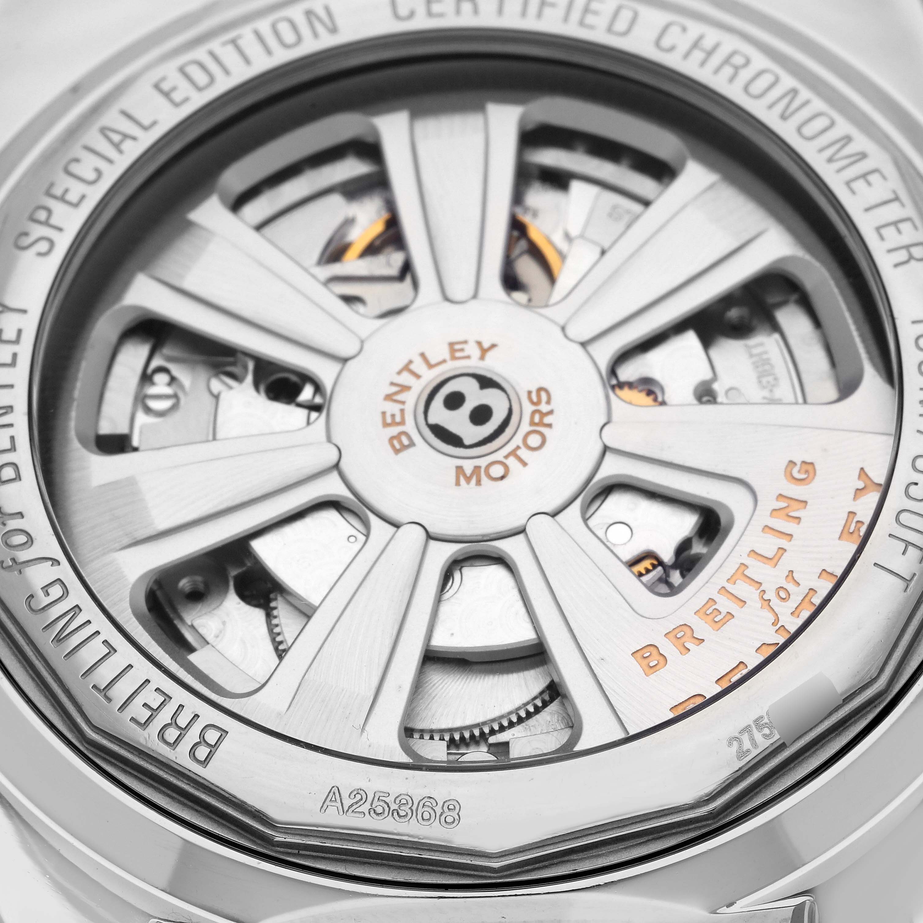 The image shows the back view of the Bentley model by Breitling, focusing on its intricate movement and rotor.