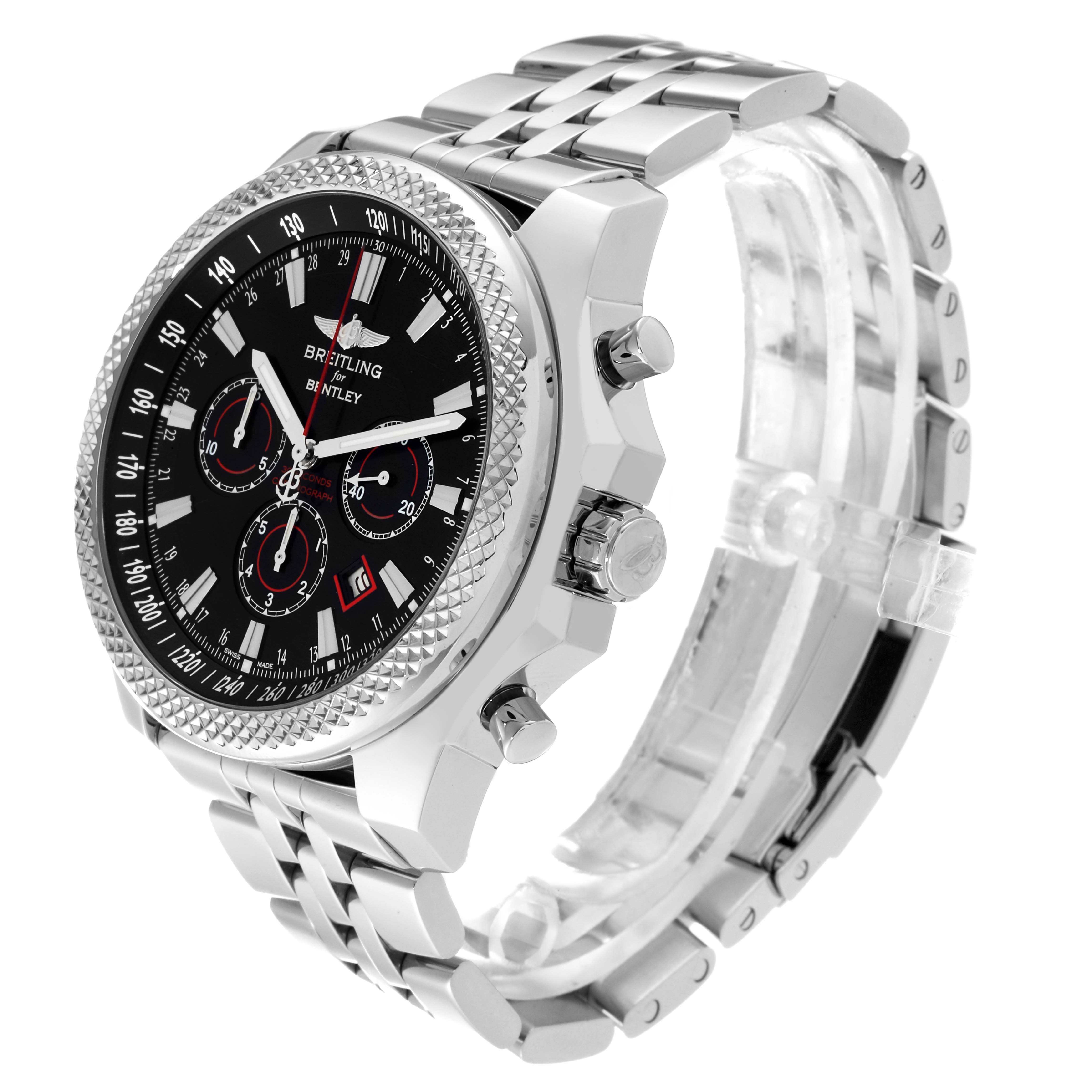 The image shows a side and angled view of a Breitling Bentley A25368 Men's Stainless Steel Black Dial A25368 Men's Stainless Steel Black Dial watch, highlighting the face, bezel, crown, and metal bracelet.