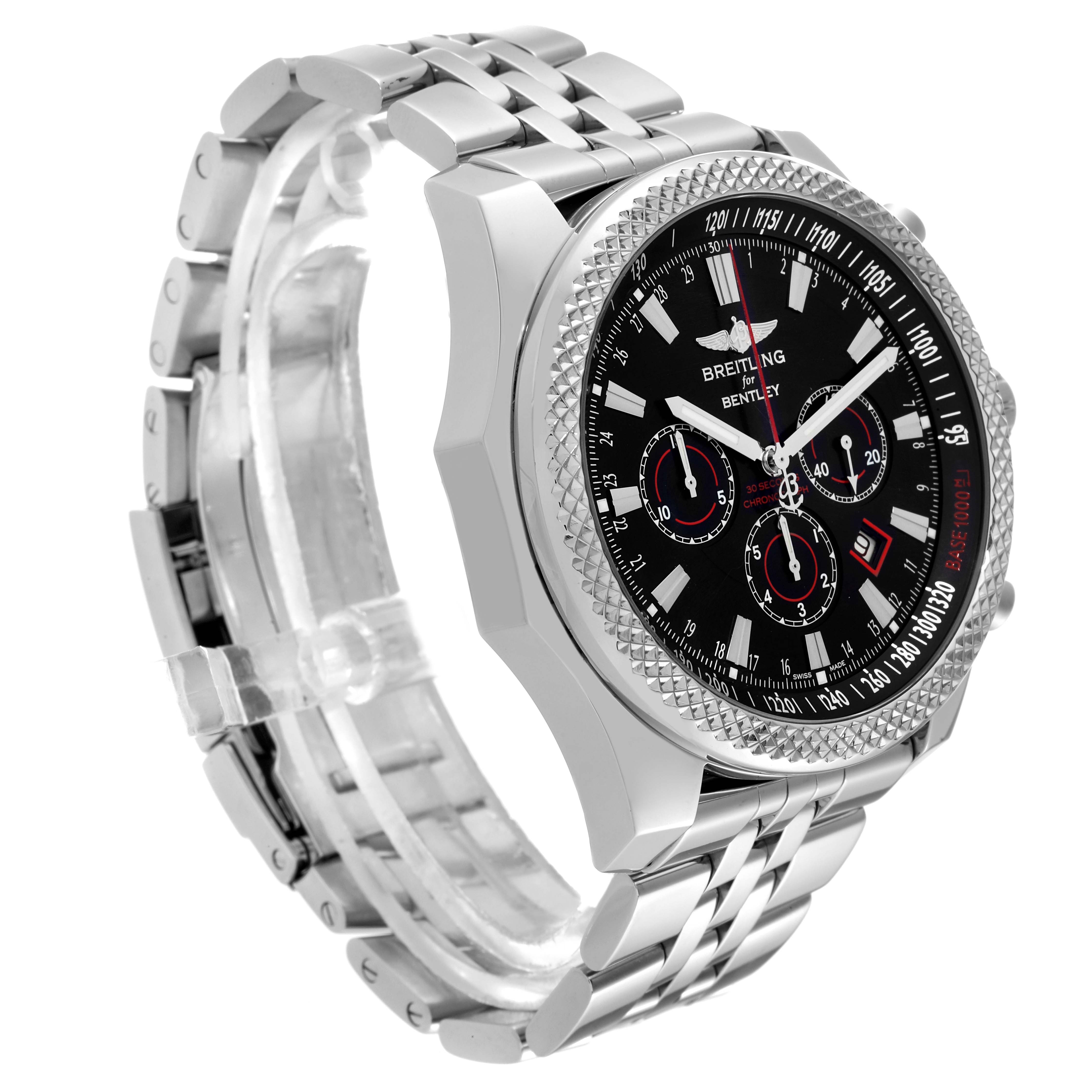 This Breitling Bentley A25368 Men's Stainless Steel Black Dial A25368 Men's Stainless Steel Black Dial model watch is shown at an angle highlighting the face, bezel, and part of the metal bracelet.