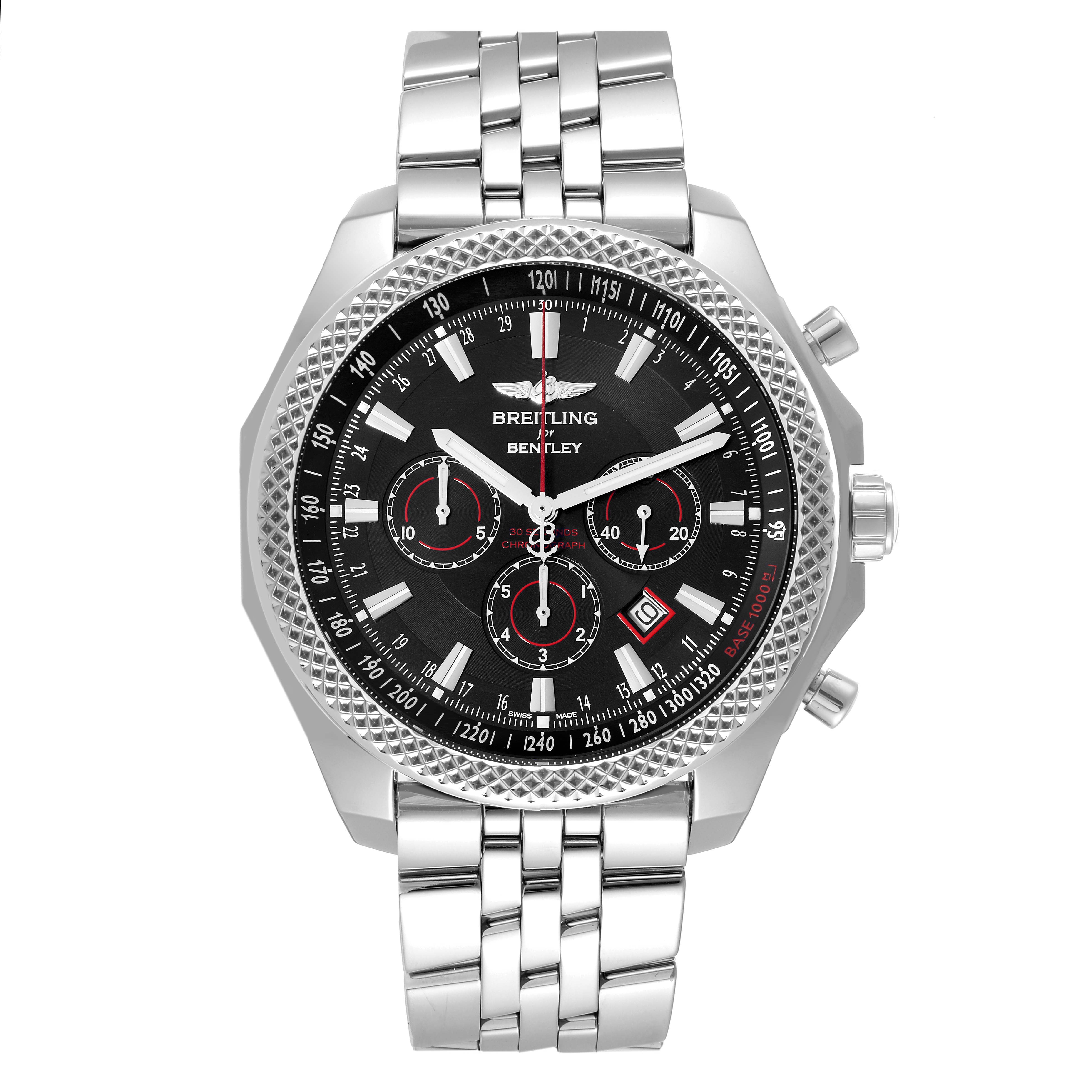 The image shows a frontal view of a Breitling Bentley A25368 Men's Stainless Steel Black Dial A25368 Men's Stainless Steel Black Dial watch, highlighting its dial, bezel, and stainless steel bracelet.