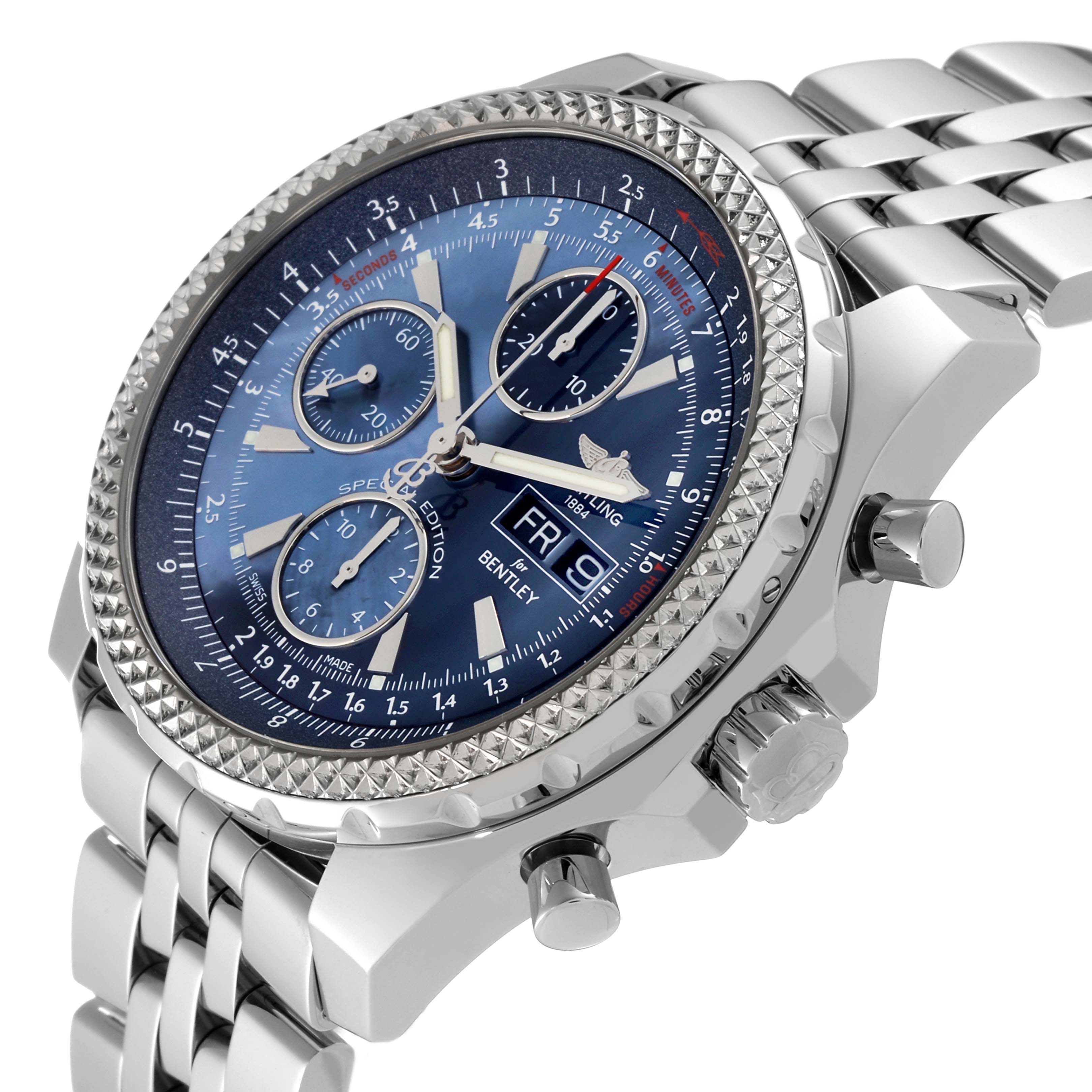 The image shows a side angle of the Breitling Bentley A13362 Men
s Stainless Steel Mother of Pearl Dial A13362 Men
s Stainless Steel Mother of Pearl Dial watch, highlighting its bezel, chronograph dials, and stainless steel bracelet.