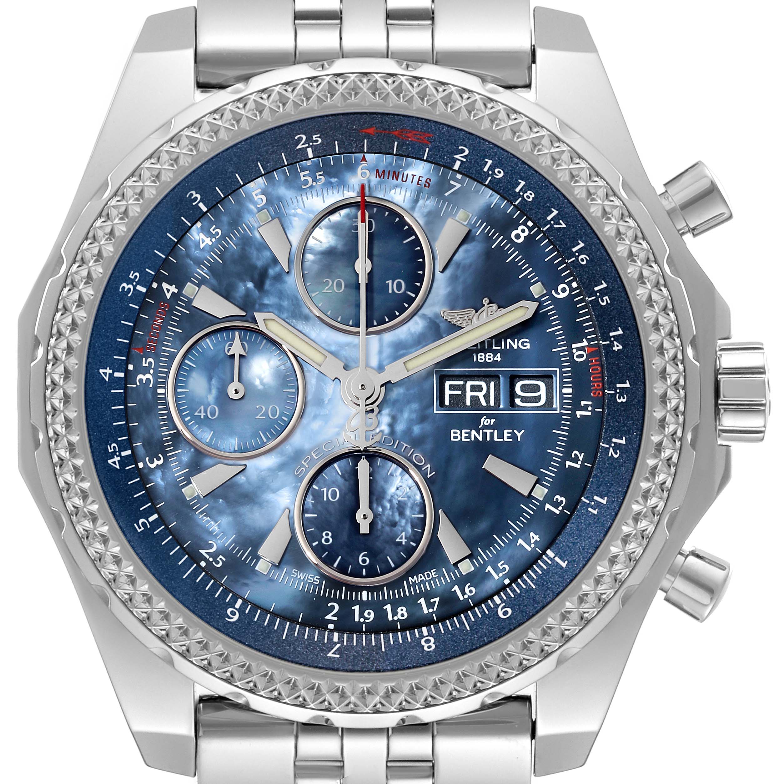 The image shows a front view of a Breitling Bentley A13362 Men
s Stainless Steel Mother of Pearl Dial A13362 Men
s Stainless Steel Mother of Pearl Dial model watch, displaying its dial and chronograph subdials.