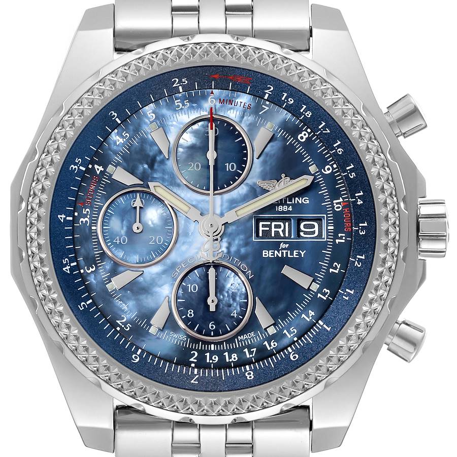 The image shows a front view of a Breitling Bentley model watch, displaying its dial and chronograph subdials.