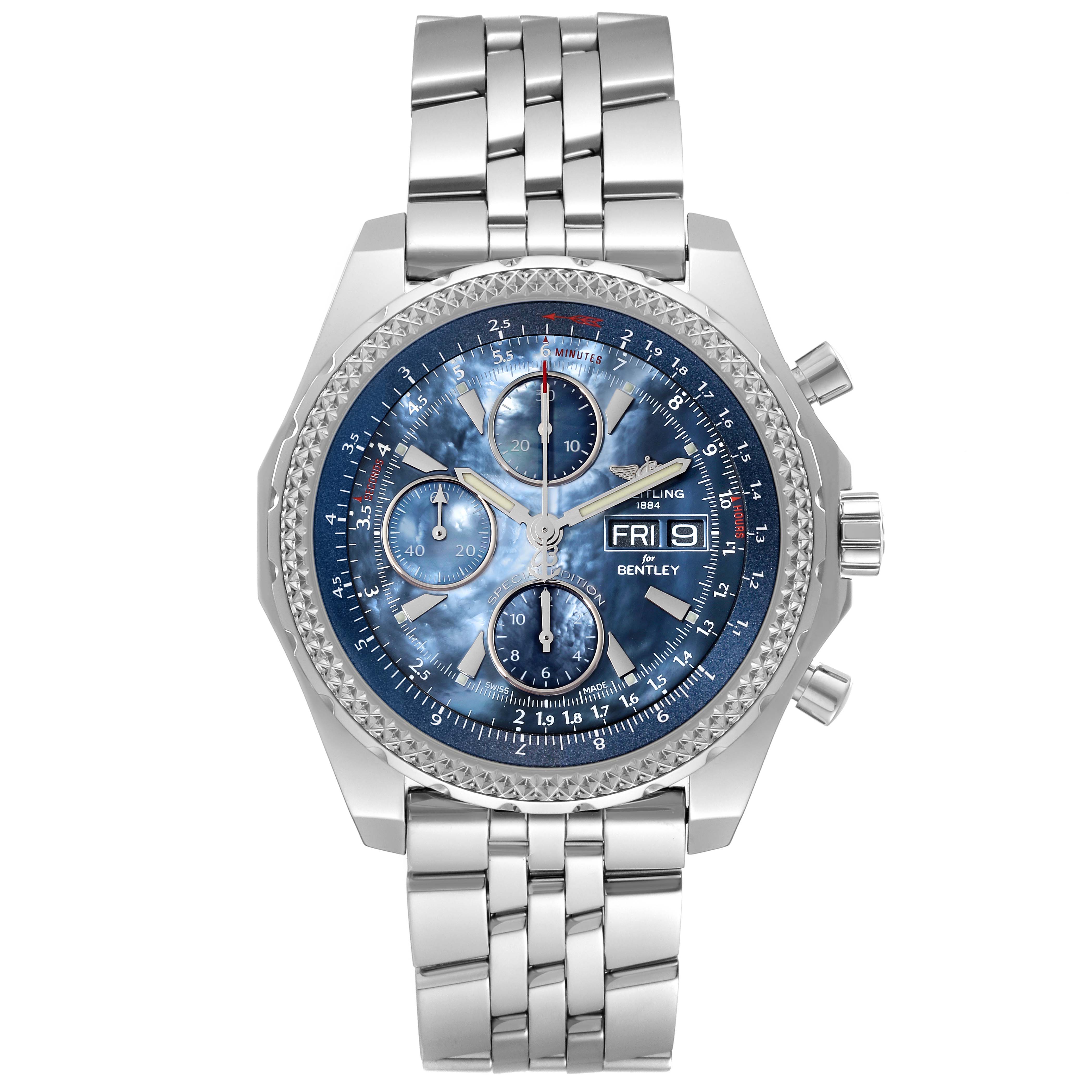 The Breitling Bentley A13362 Men
s Stainless Steel Mother of Pearl Dial A13362 Men
s Stainless Steel Mother of Pearl Dial watch is shown from a front angle, displaying its blue dial, chronograph sub-dials, date function, and metal bracelet.