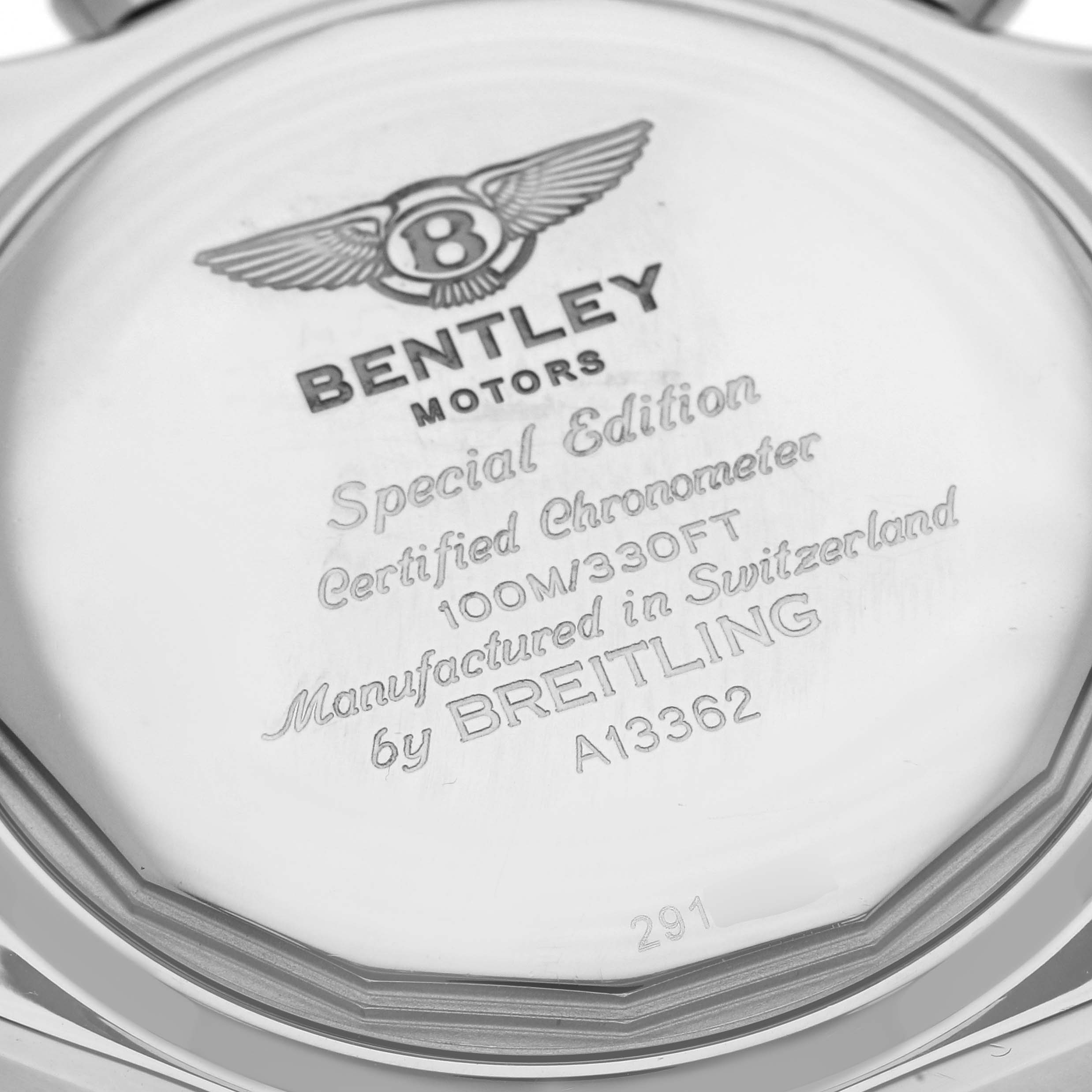 This image shows the back case of a Breitling Bentley A13362 Men
s Stainless Steel Mother of Pearl Dial A13362 Men
s Stainless Steel Mother of Pearl Dial model watch, displaying engravings and brand markings.
