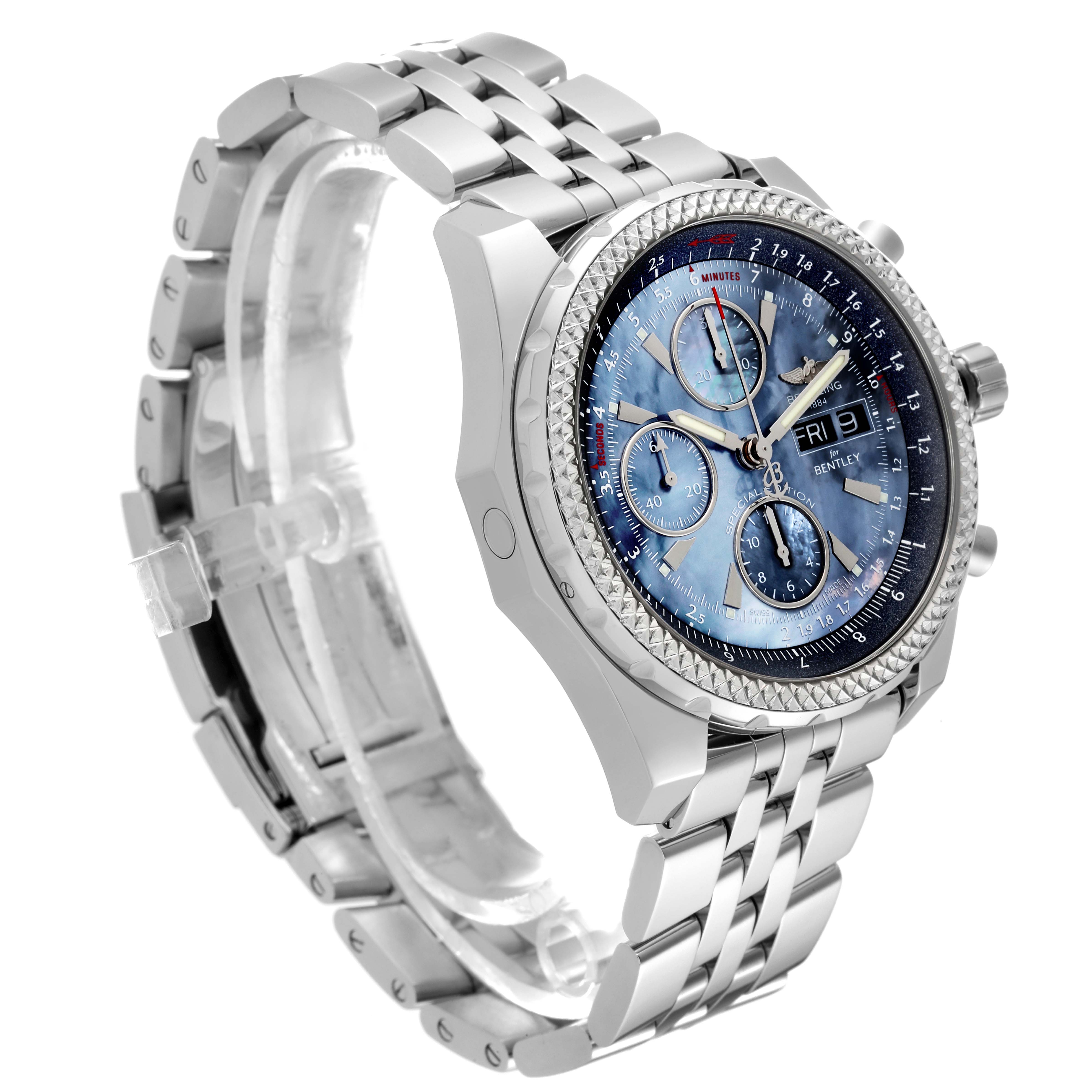 The image shows a side-angle view of a Breitling Bentley A13362 Men
s Stainless Steel Mother of Pearl Dial A13362 Men
s Stainless Steel Mother of Pearl Dial watch, highlighting its face, bezel, chronograph dials, and metal bracelet.