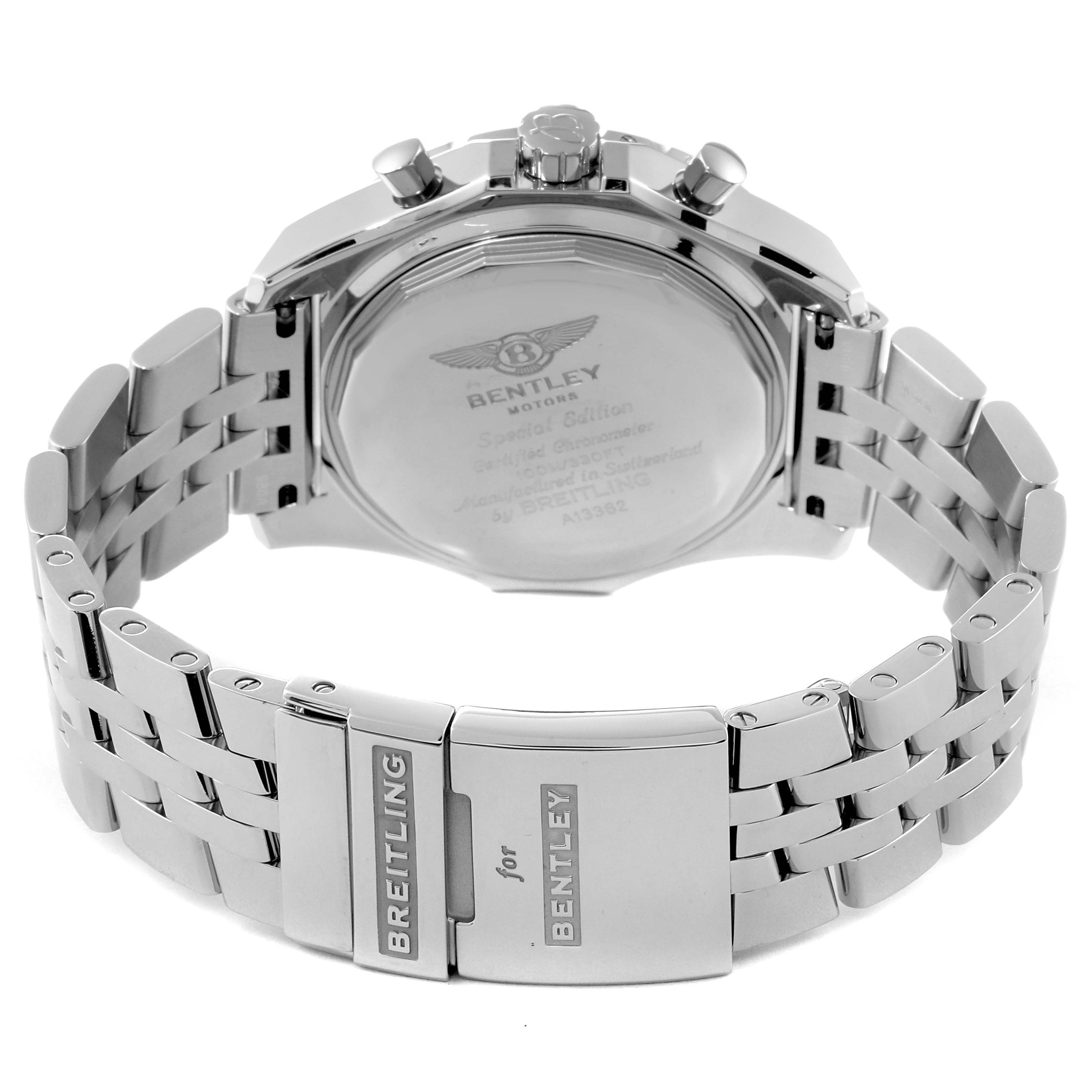 This image shows the back case and clasp of a Bentley model watch by Breitling from a rear angle.