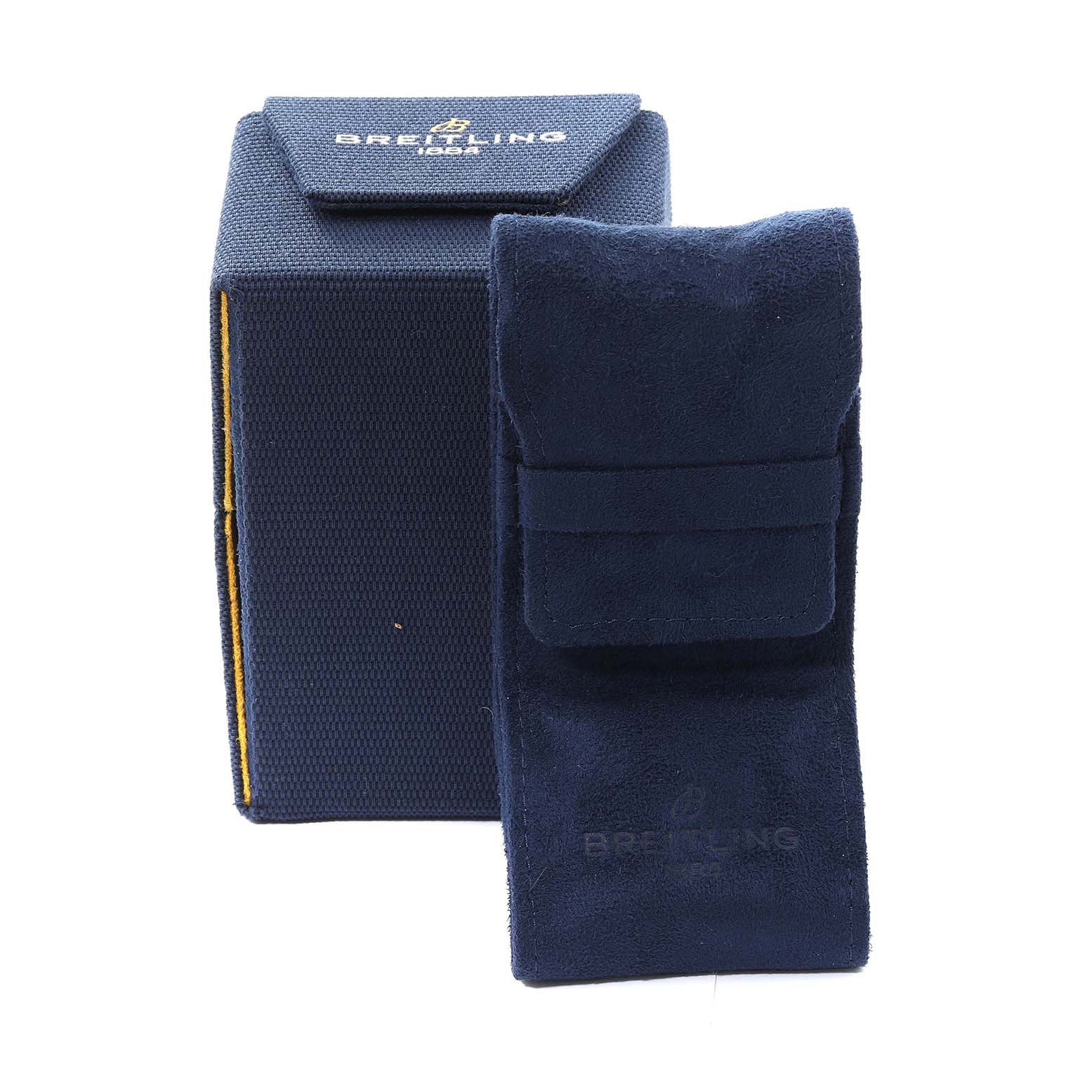 The image shows a Breitling Bentley A13362 Men
s Stainless Steel Mother of Pearl Dial A13362 Men
s Stainless Steel Mother of Pearl Dial watch box and a blue suede pouch from a straight-on angle.