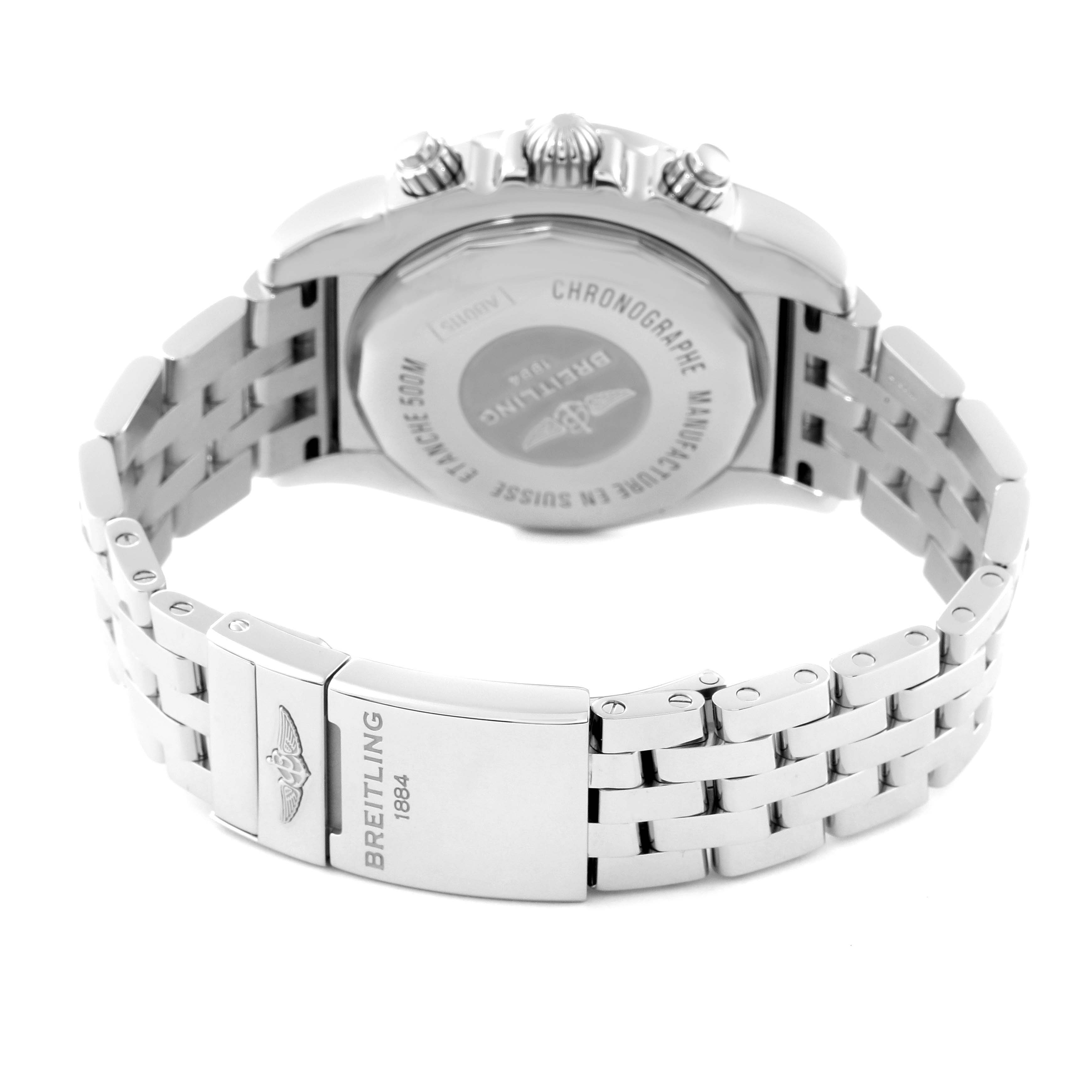 The image shows the back case and bracelet of a Breitling Chronomat AB0115 Men
s Stainless Steel Blue Dial AB0115 Men
s Stainless Steel Blue Dial watch at an angle emphasizing its clasp and caseback details.