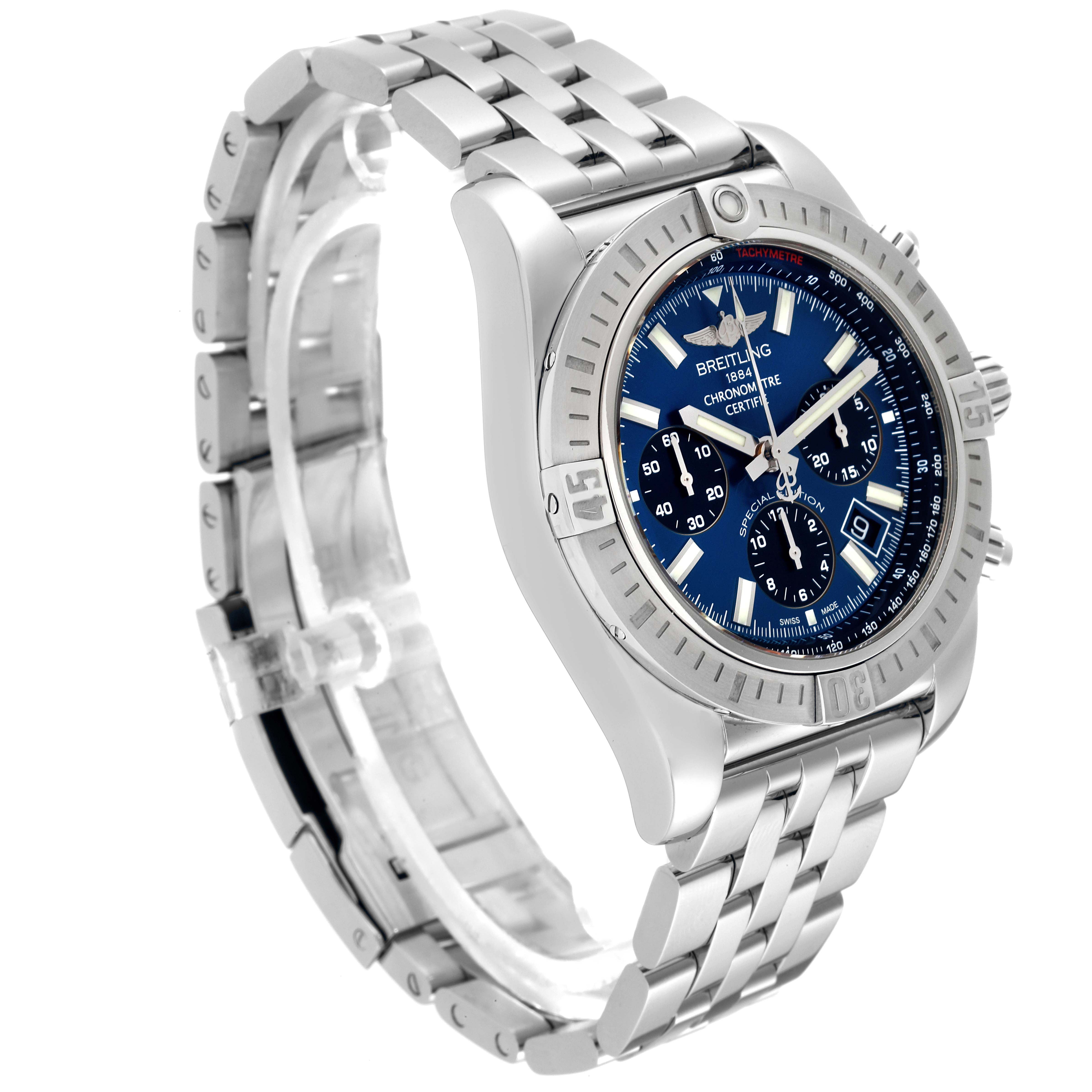 The image shows a side view of the Breitling Chronomat AB0115 Men
s Stainless Steel Blue Dial AB0115 Men
s Stainless Steel Blue Dial watch, highlighting its metal bracelet, bezel, and blue dial.