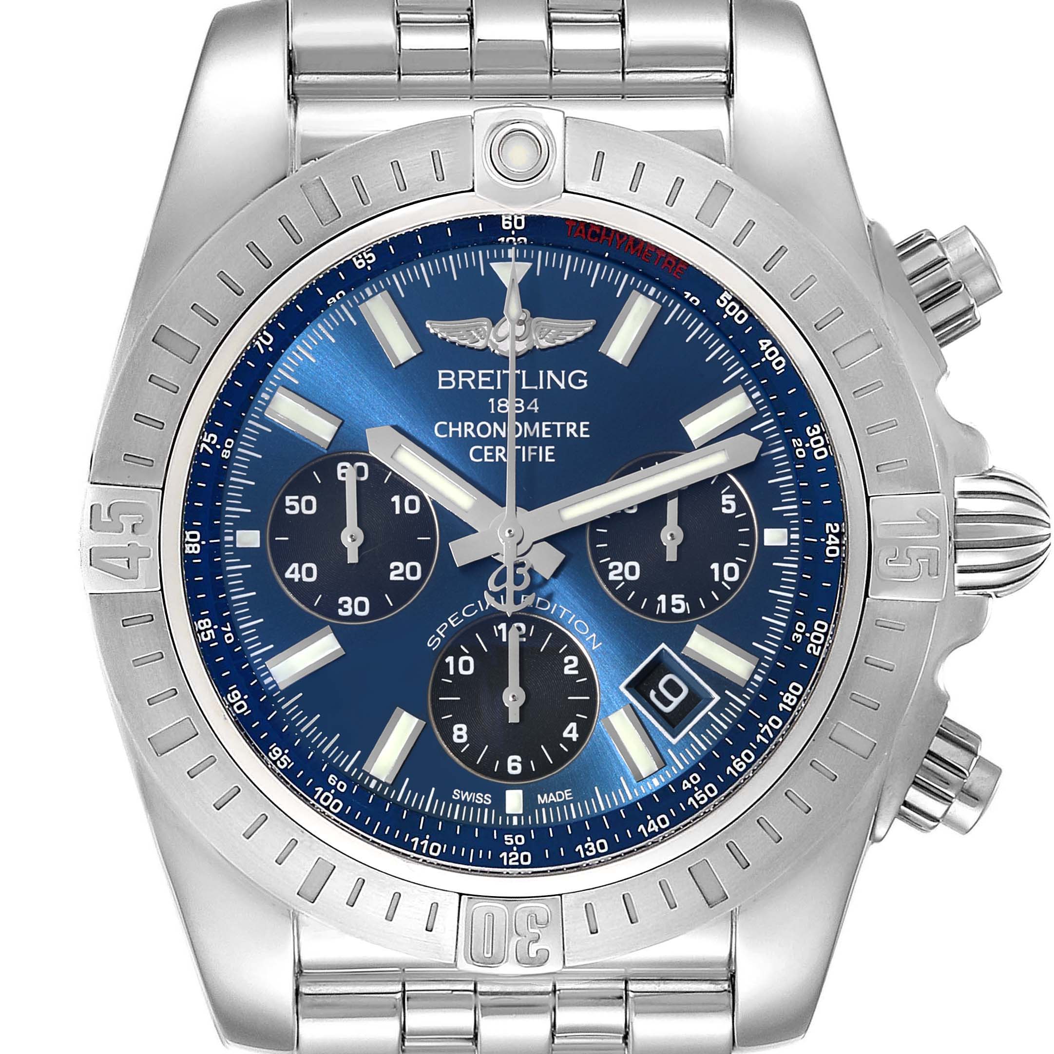 This image displays a front view of a Breitling Chronomat AB0115 Men
s Stainless Steel Blue Dial AB0115 Men
s Stainless Steel Blue Dial watch, highlighting its blue dial, sub-dials, and stainless steel bracelet.